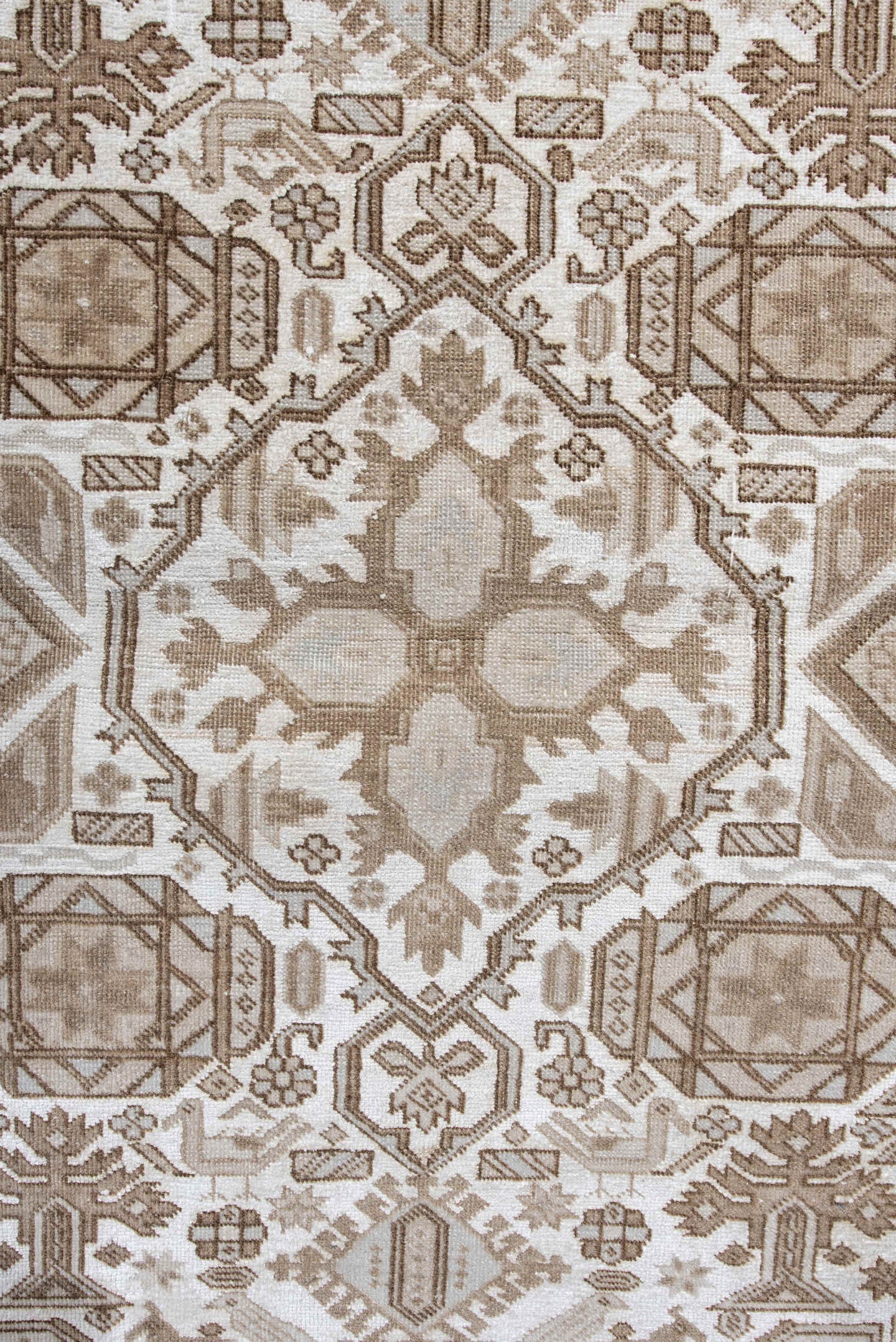 3' x 5' one-of-a-kind handmade vintage small size rug. Color palette: ivory, camel, taupe, beige, light brown, gray, brown