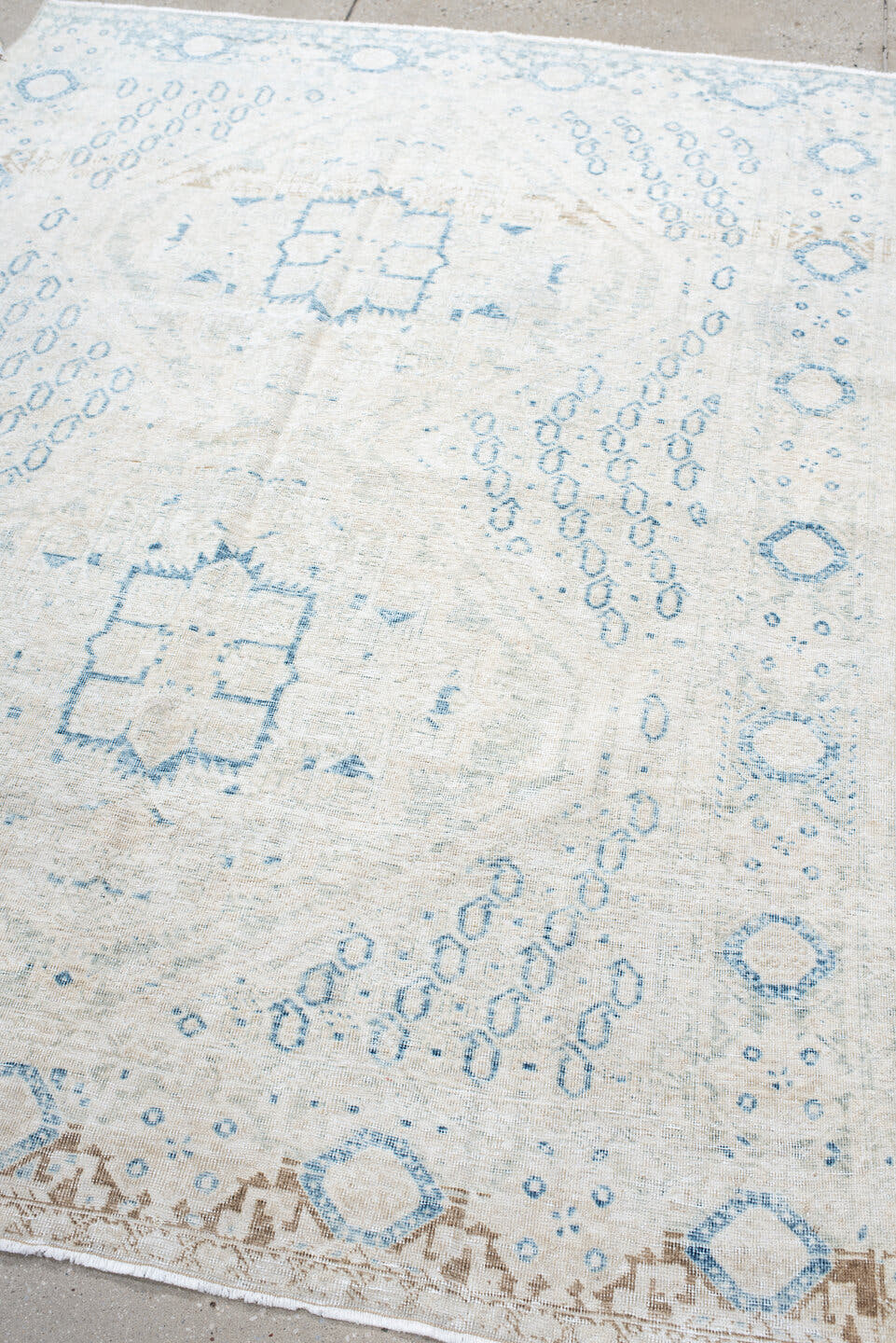 5' x 6' one-of-a-kind handmade antique Afshar rug. Color palette: ivory, sky blue, beige, cream, taupe, light blue, gray