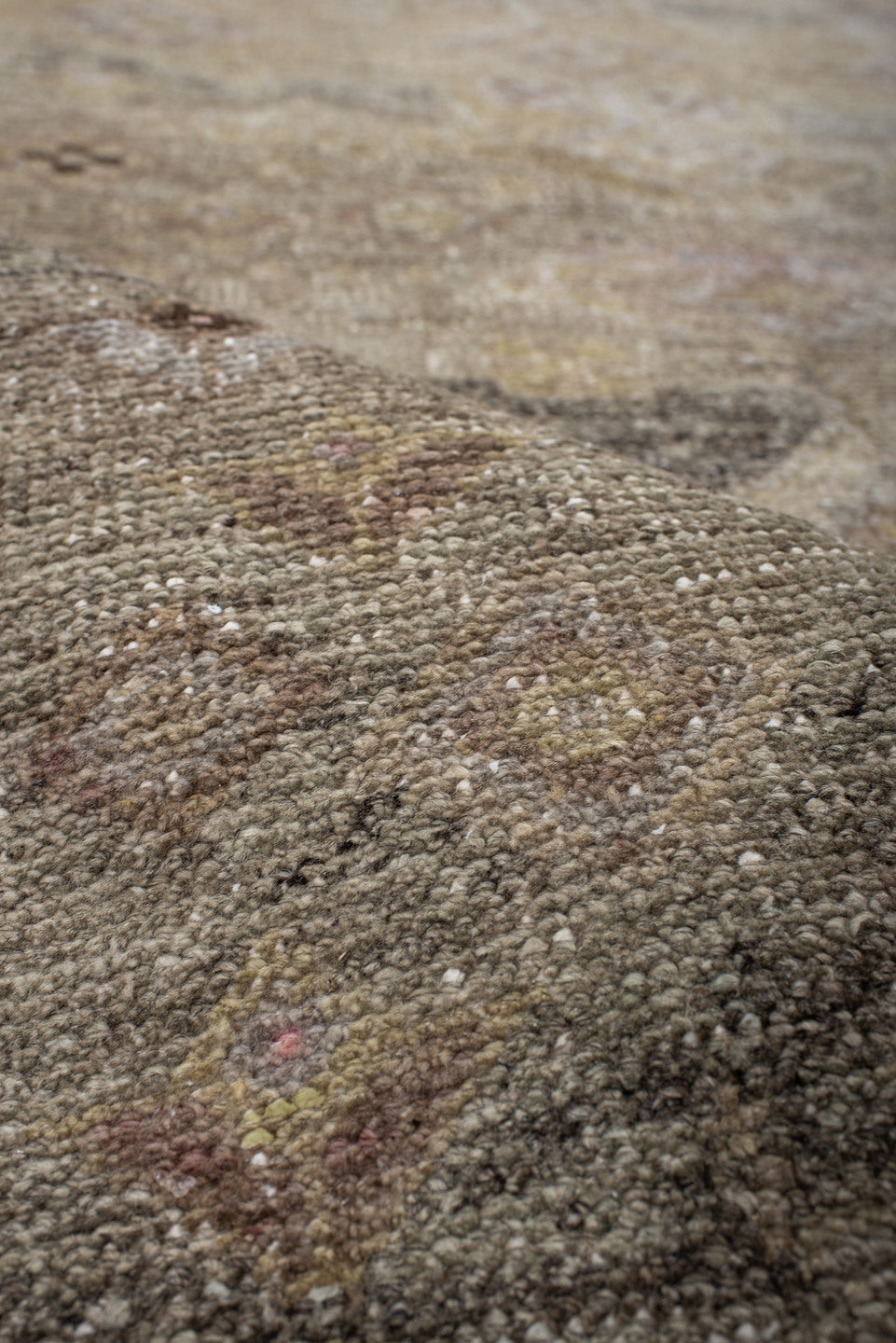 4' x 10' one-of-a-kind handmade antique Sarab runner rug. Color palette: ivory, camel, taupe, rose, charcoal, sage, tan