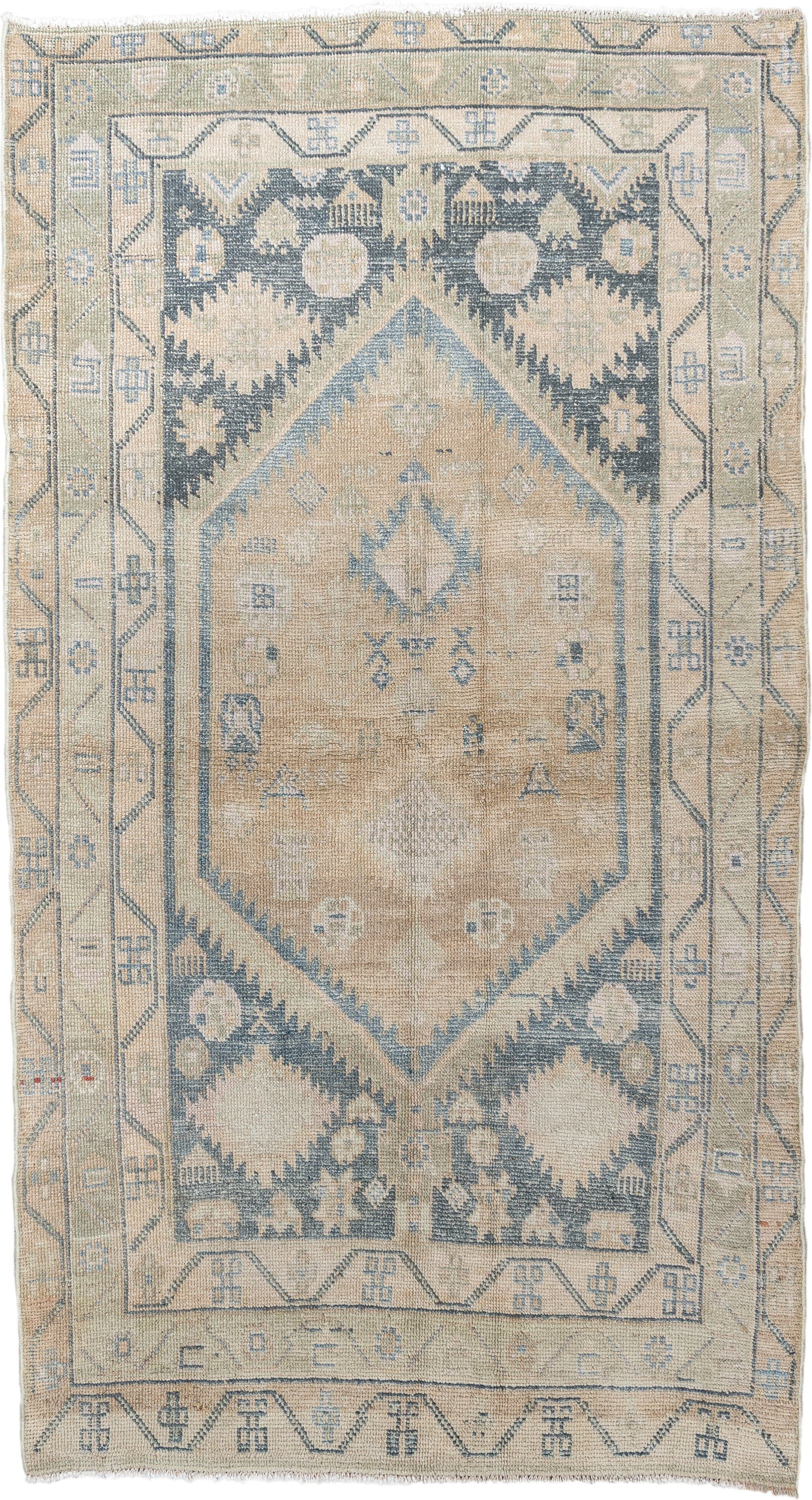 4' x 7' one-of-a-kind handmade antique Meshkin rug. Color palette: camel, ivory, pale blue, beige, taupe, light blue, gray