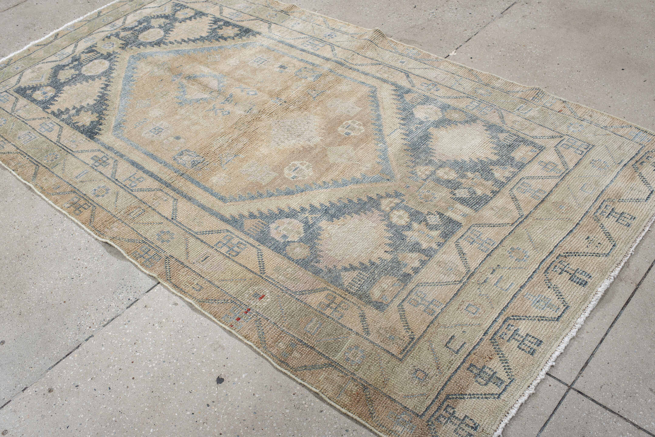 4' x 7' one-of-a-kind handmade antique Meshkin rug. Color palette: camel, ivory, pale blue, beige, taupe, light blue, gray