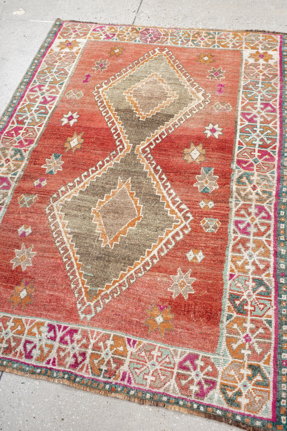 3' x 5' one-of-a-kind handmade vintage Gabbe small size rug. Color palette: terra cotta, ivory, taupe, rust, teal, magenta