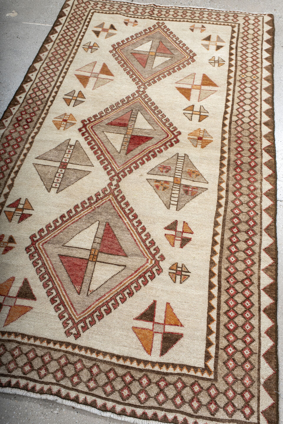 3' x 6' one-of-a-kind handmade antique Gabbe small size rug. Color palette: ivory, brown, rust, camel, taupe, terracotta