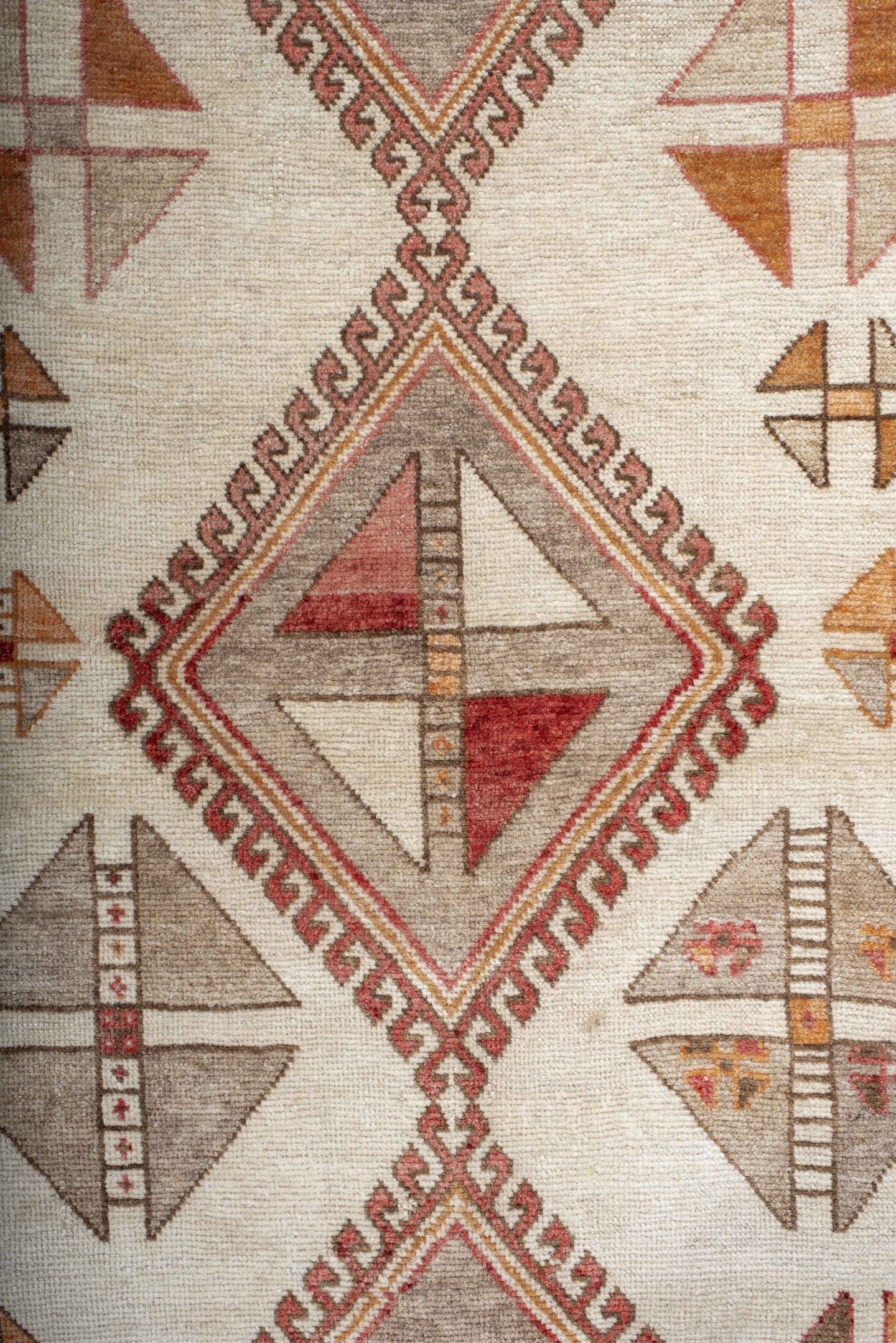 3' x 6' one-of-a-kind handmade antique Gabbe small size rug. Color palette: ivory, brown, rust, camel, taupe, terracotta