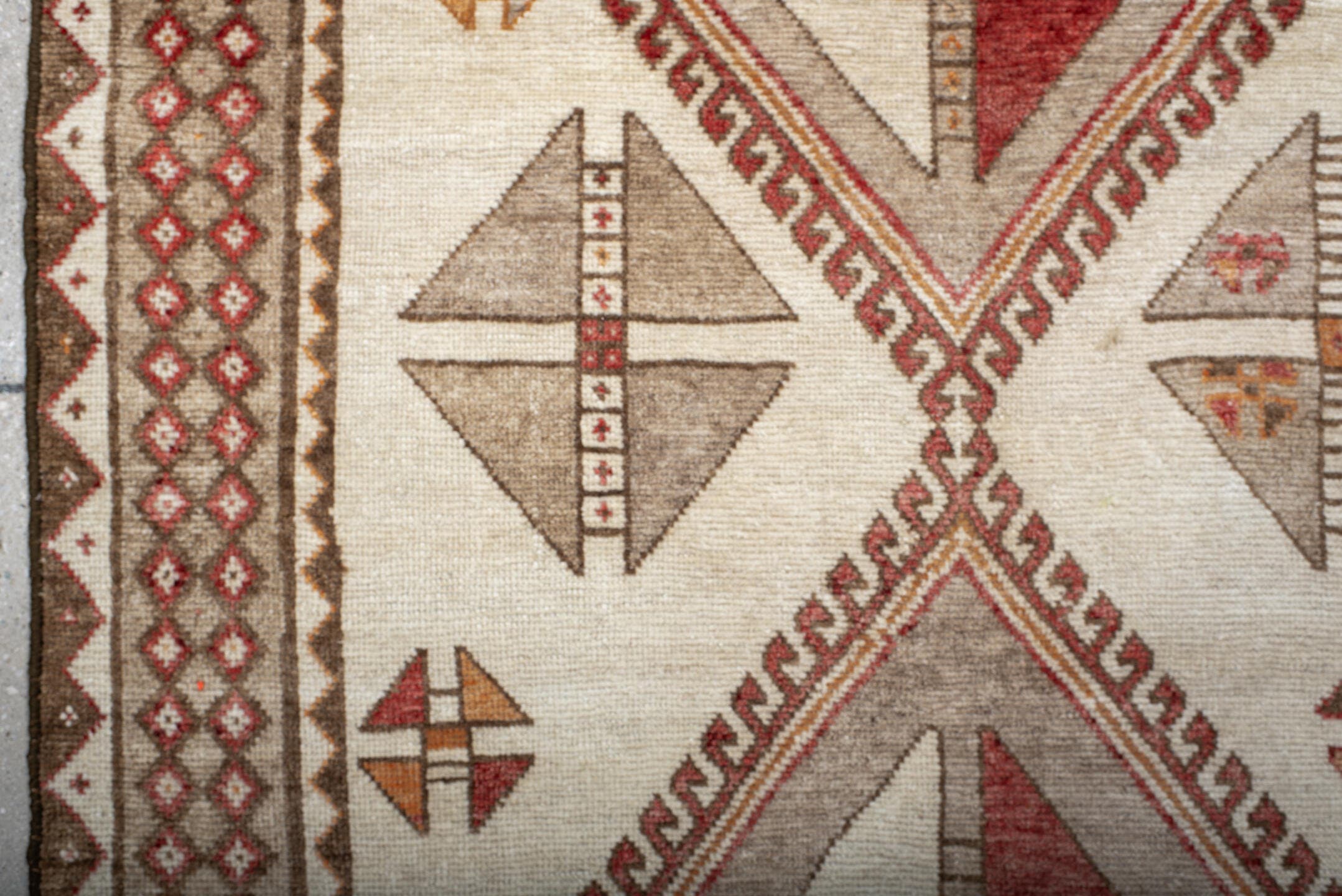 3' x 6' one-of-a-kind handmade antique Gabbe small size rug. Color palette: ivory, brown, rust, camel, taupe, terracotta