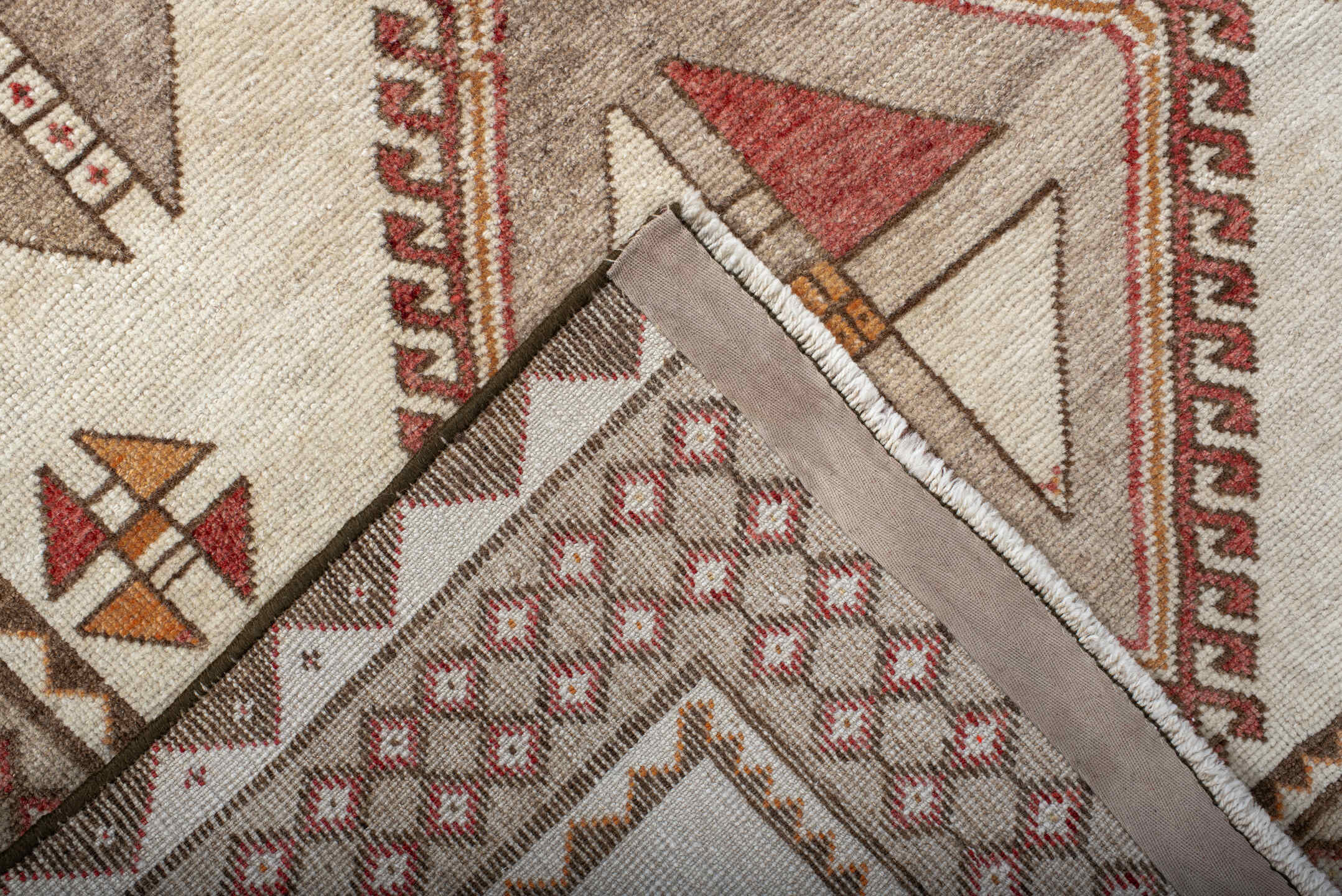 3' x 6' one-of-a-kind handmade antique Gabbe small size rug. Color palette: ivory, brown, rust, camel, taupe, terracotta