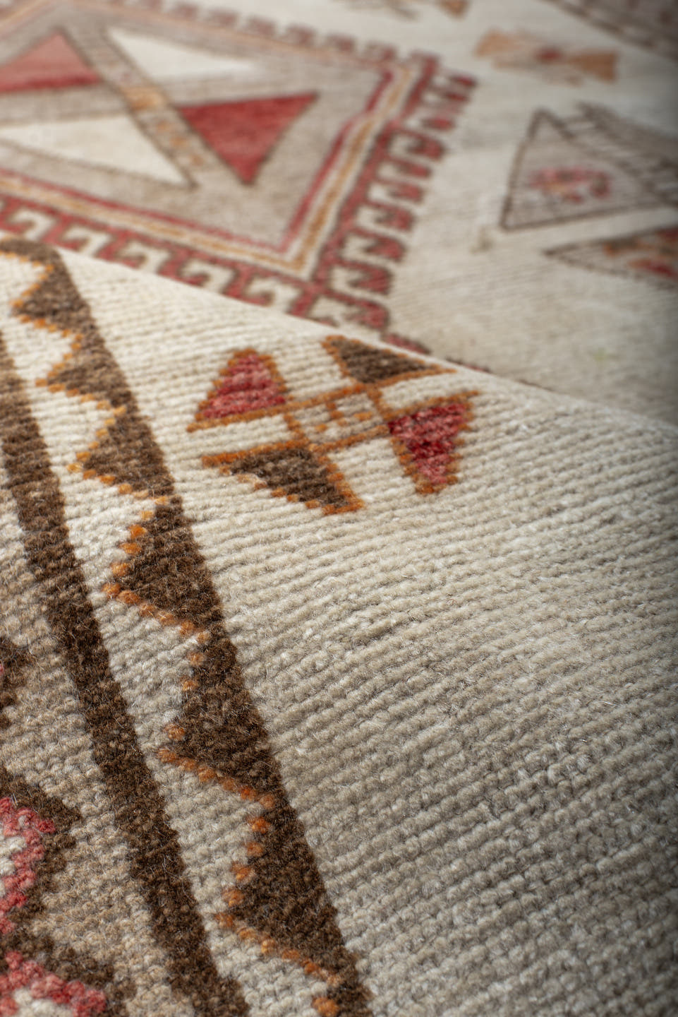 3' x 6' one-of-a-kind handmade antique Gabbe small size rug. Color palette: ivory, brown, rust, camel, taupe, terracotta