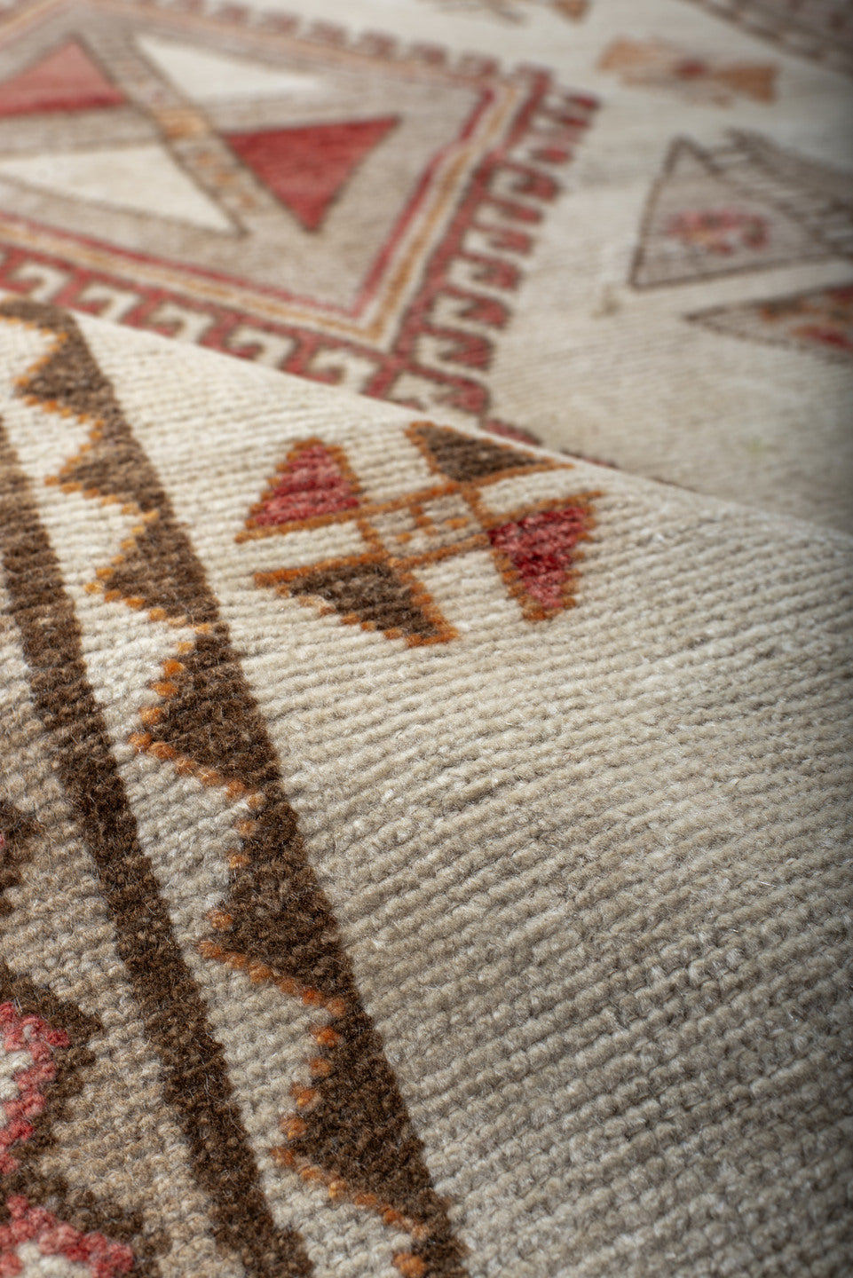 3' x 6' one-of-a-kind handmade antique Gabbe small size rug. Color palette: ivory, brown, rust, camel, taupe, terracotta