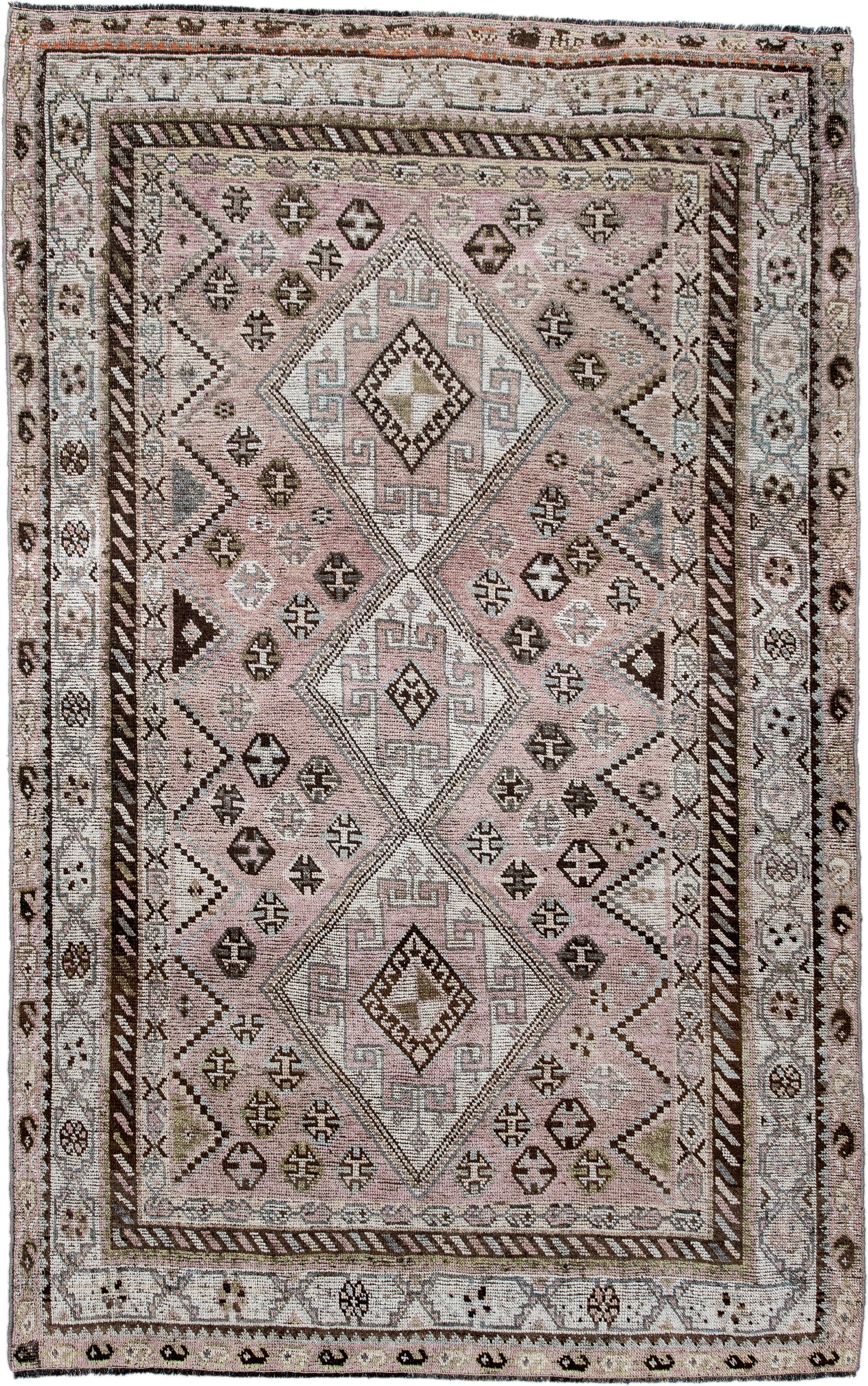 4' x 7' one-of-a-kind handmade antique Shiraz rug. Color palette: rose, ivory, brown, taupe, sage, charcoal, pink, red