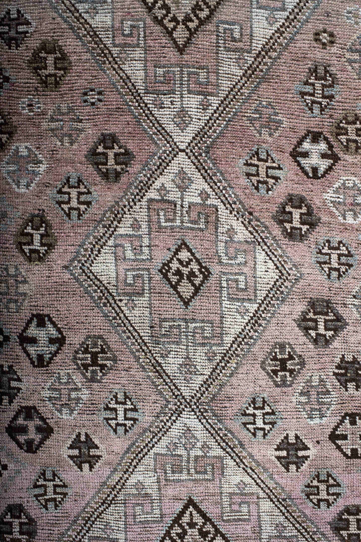 4' x 7' one-of-a-kind handmade antique Shiraz rug. Color palette: rose, ivory, brown, taupe, sage, charcoal, pink, red