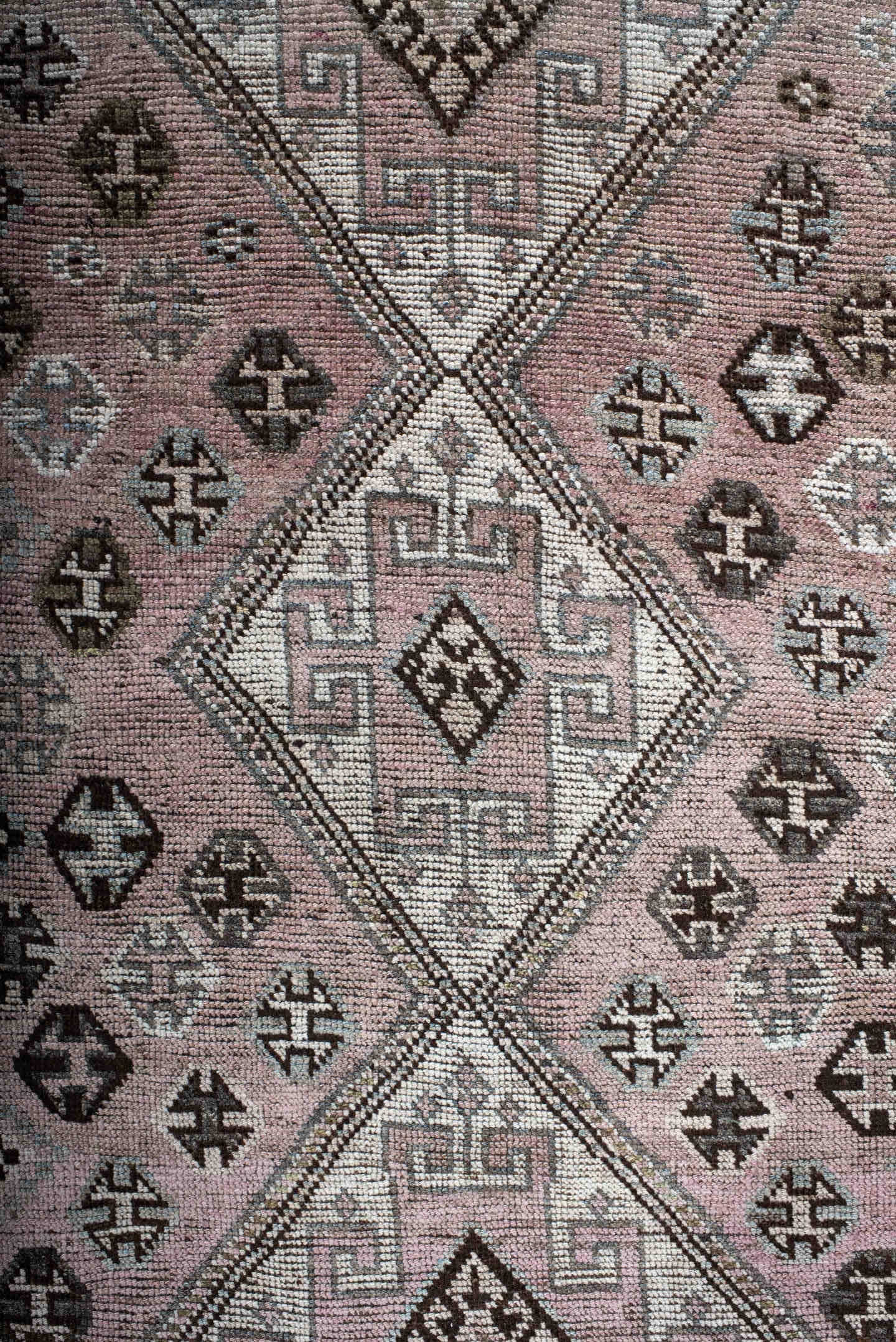4' x 7' one-of-a-kind handmade antique Shiraz rug. Color palette: rose, ivory, brown, taupe, sage, charcoal, pink, red