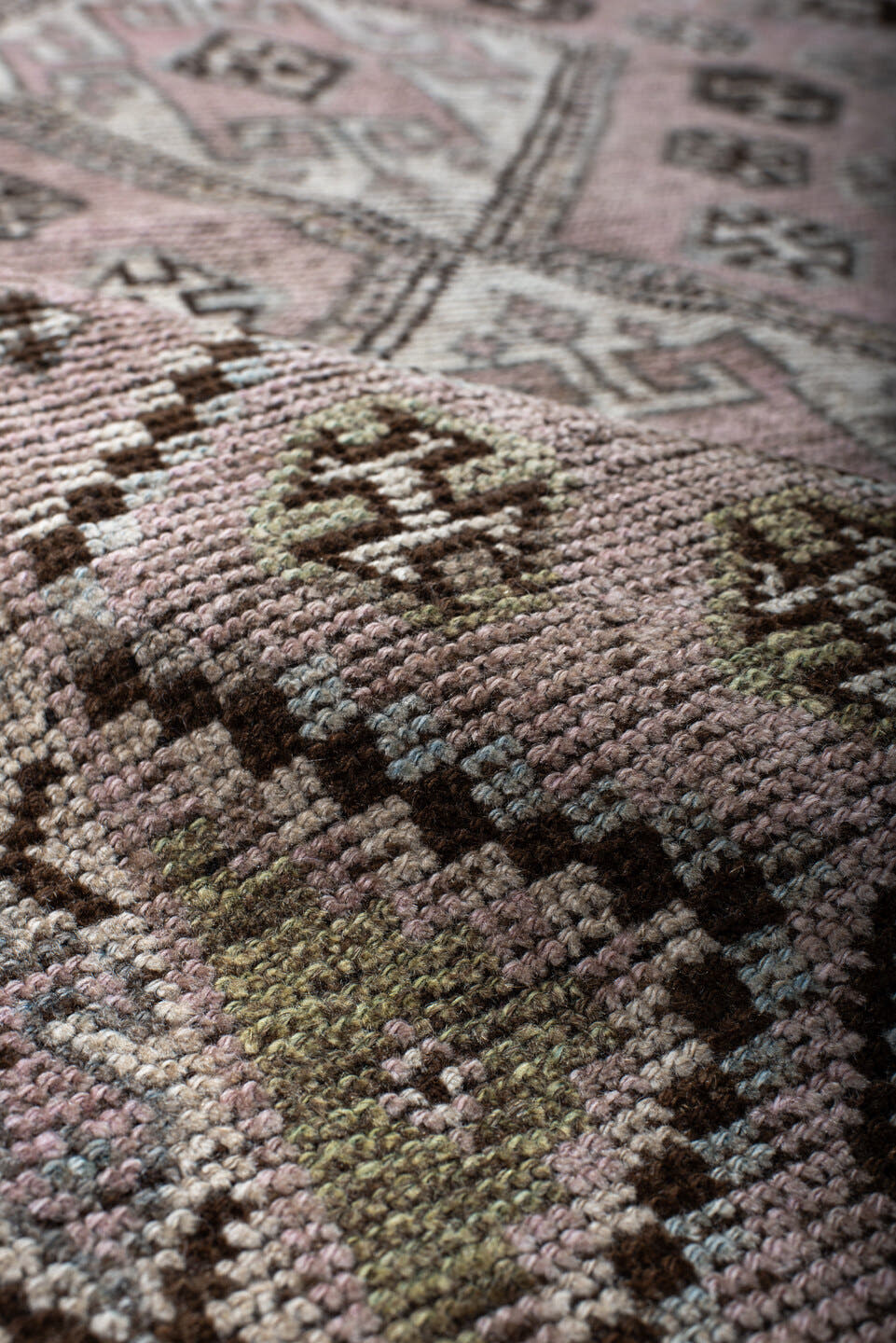 4' x 7' one-of-a-kind handmade antique Shiraz rug. Color palette: rose, ivory, brown, taupe, sage, charcoal, pink, red