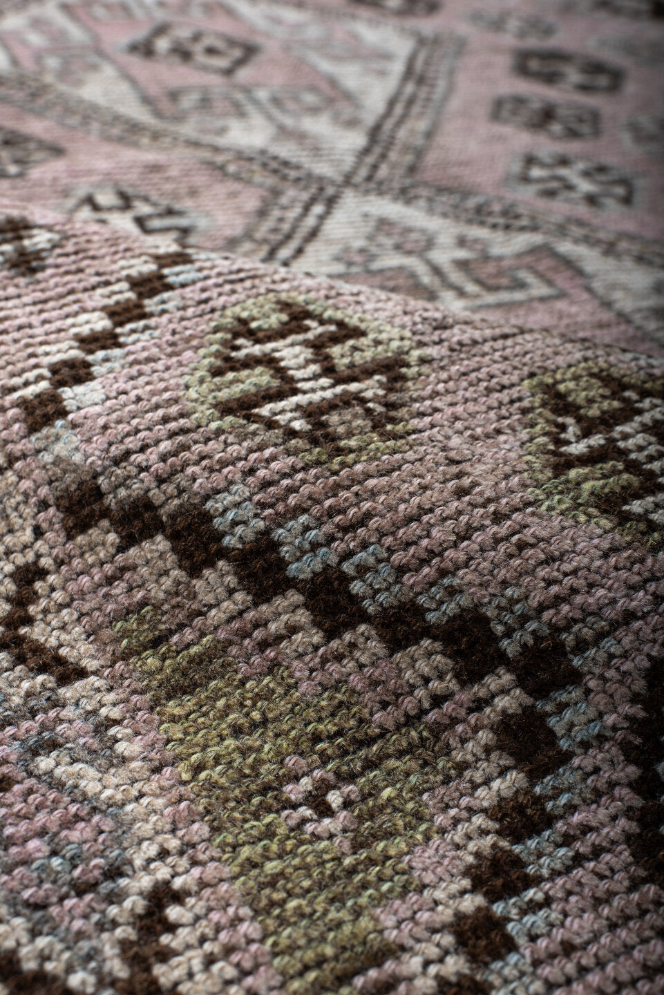 4' x 7' one-of-a-kind handmade antique Shiraz rug. Color palette: rose, ivory, brown, taupe, sage, charcoal, pink, red