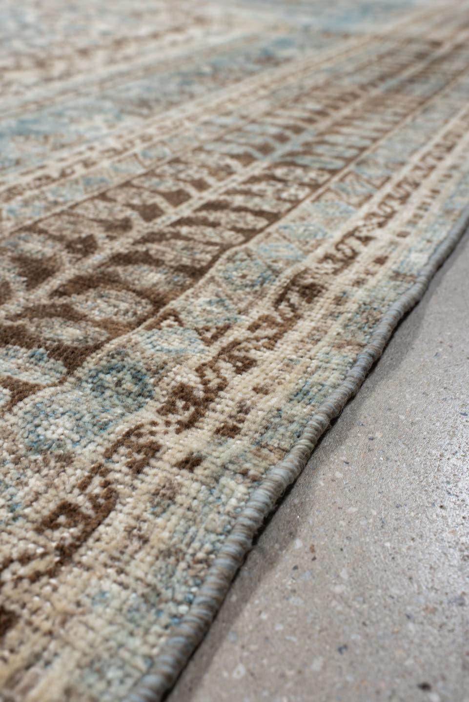 7' x 11' one-of-a-kind handmade antique Shiraz large size rug. Color palette: sky blue, ivory, brown, taupe, camel, slate