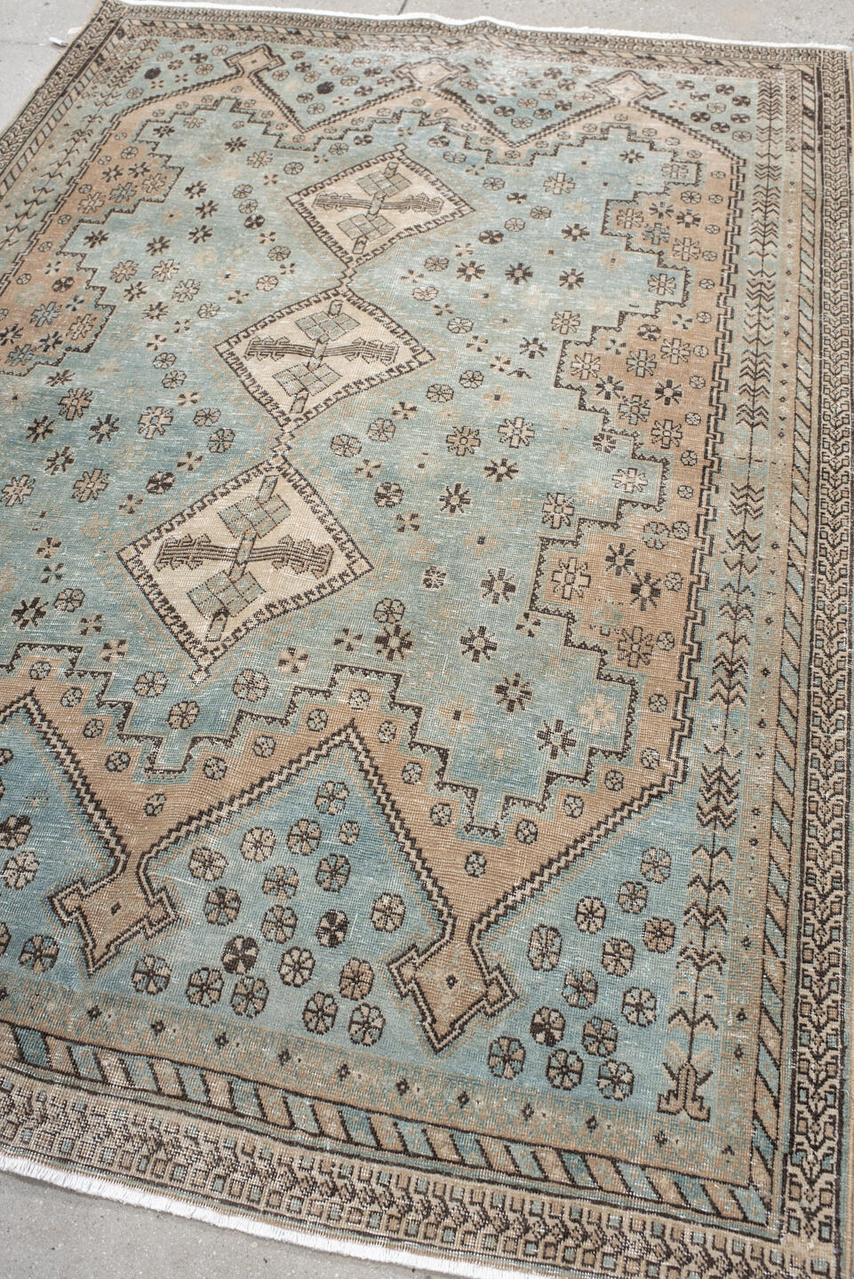 5' x 7' one-of-a-kind handmade antique Afshar rug. Color palette: sky blue, ivory, charcoal, taupe, camel, slate, light blue