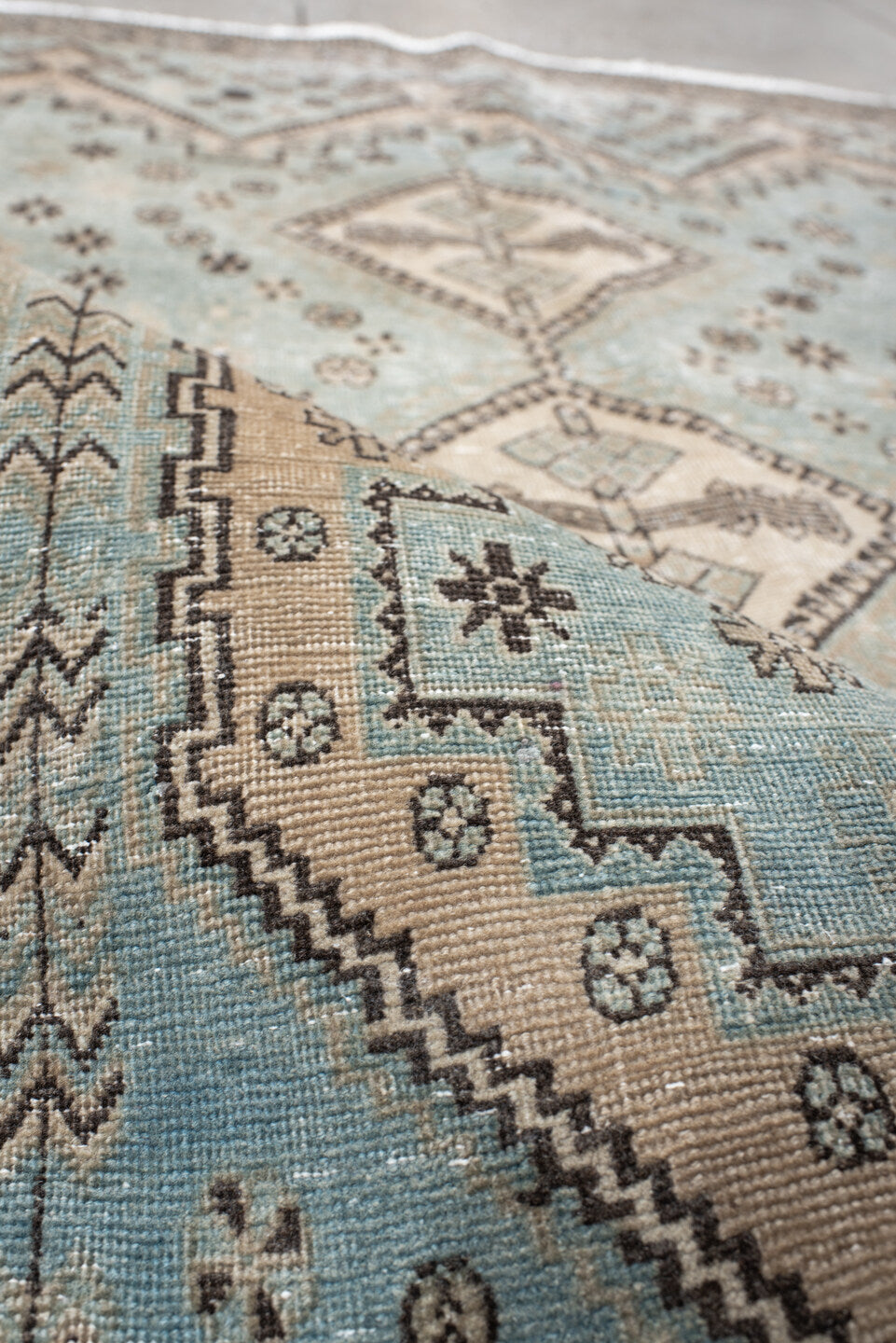 5' x 7' one-of-a-kind handmade antique Afshar rug. Color palette: sky blue, ivory, charcoal, taupe, camel, slate, light blue