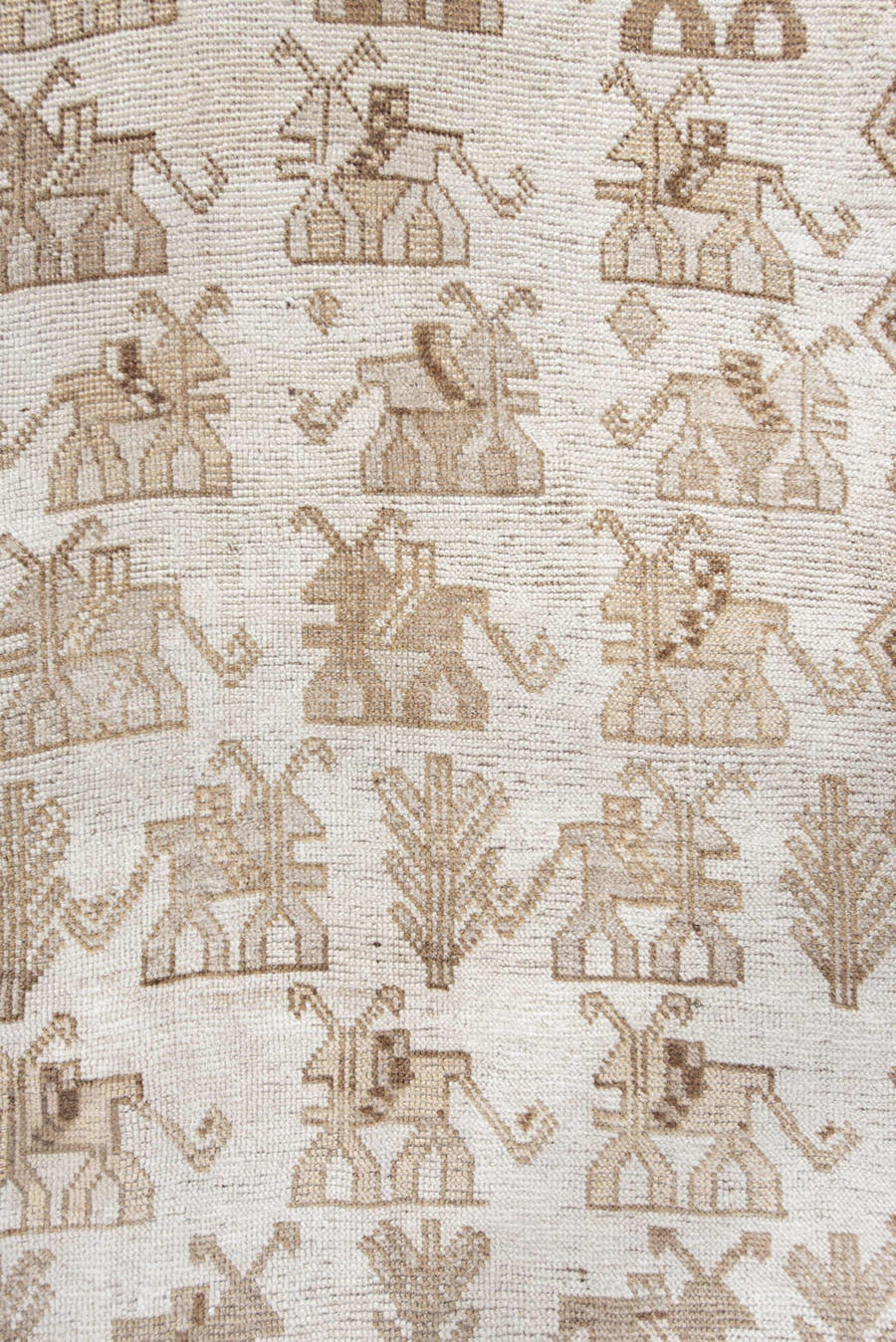 3' x 6' one-of-a-kind handmade antique Gabbe small size rug. Color palette: ivory, taupe, camel, beige, brown, gray