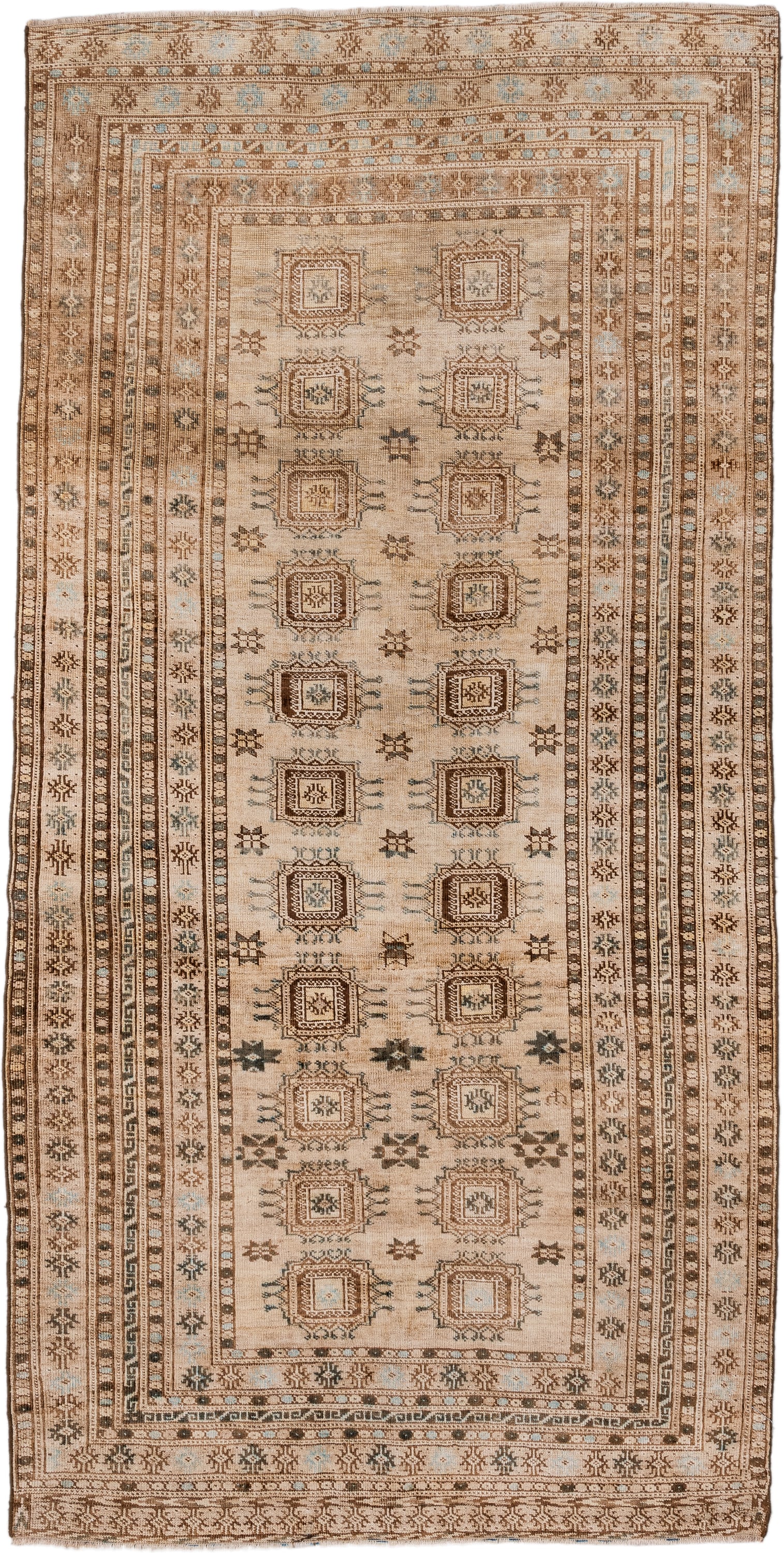 3' x 7' one-of-a-kind handmade vintage Afghan runner rug. Color palette: ivory, camel, taupe, brown, pale blue, charcoal