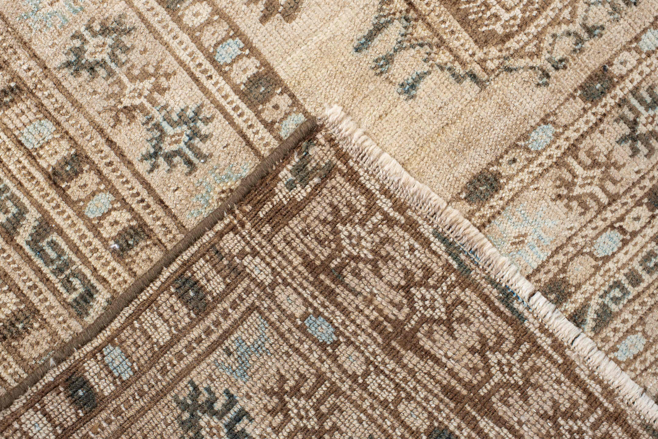 3' x 7' one-of-a-kind handmade vintage Afghan runner rug. Color palette: ivory, camel, taupe, brown, pale blue, charcoal