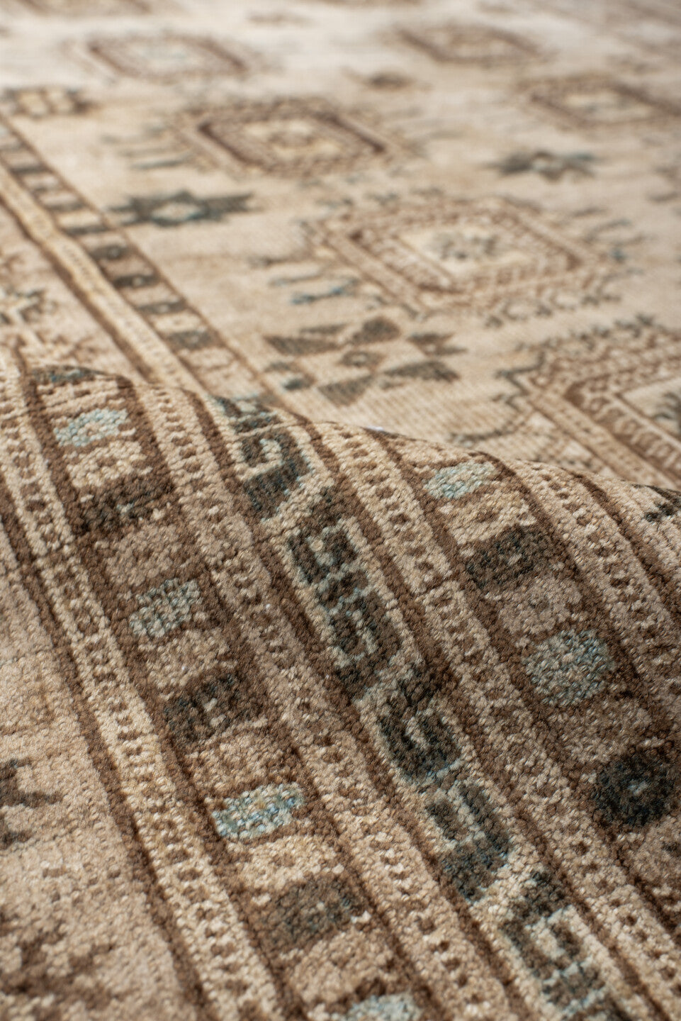 3' x 7' one-of-a-kind handmade vintage Afghan runner rug. Color palette: ivory, camel, taupe, brown, pale blue, charcoal