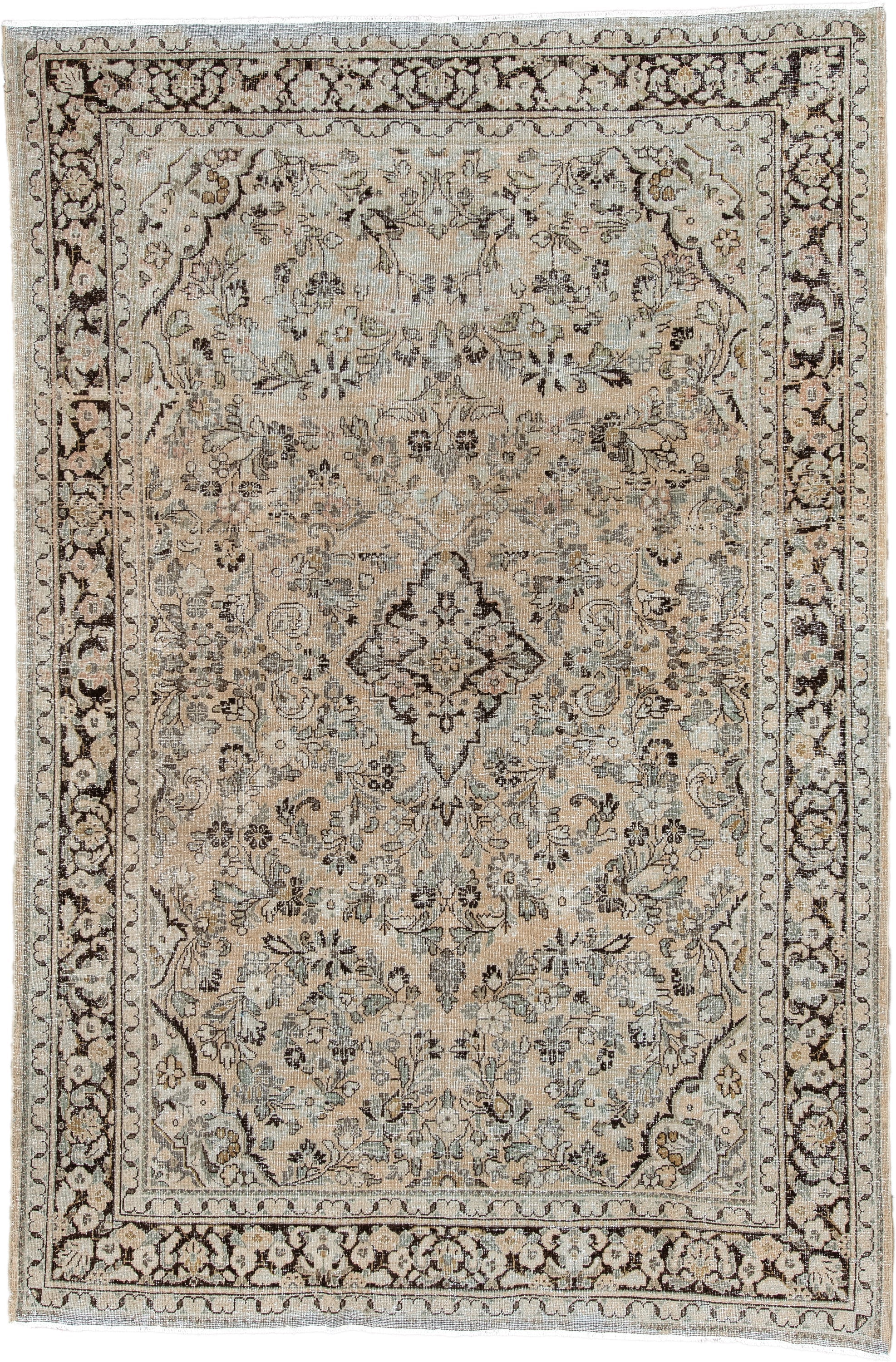 6' x 10' one-of-a-kind handmade antique Mahal large size rug. Color palette: ivory, taupe, charcoal, beige, sage, camel