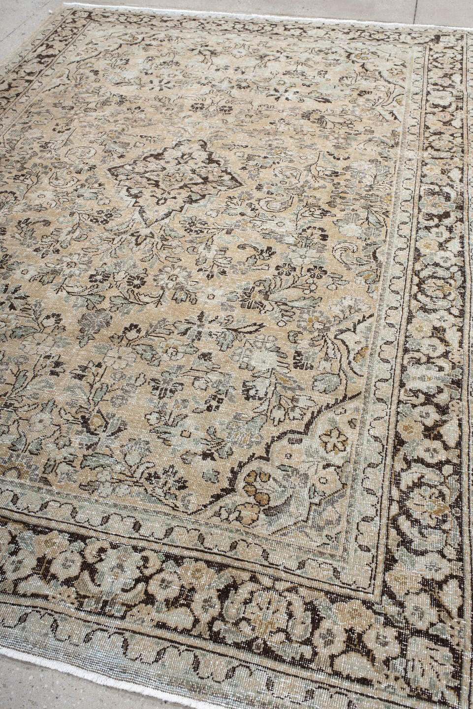6' x 10' one-of-a-kind handmade antique Mahal large size rug. Color palette: ivory, taupe, charcoal, beige, sage, camel