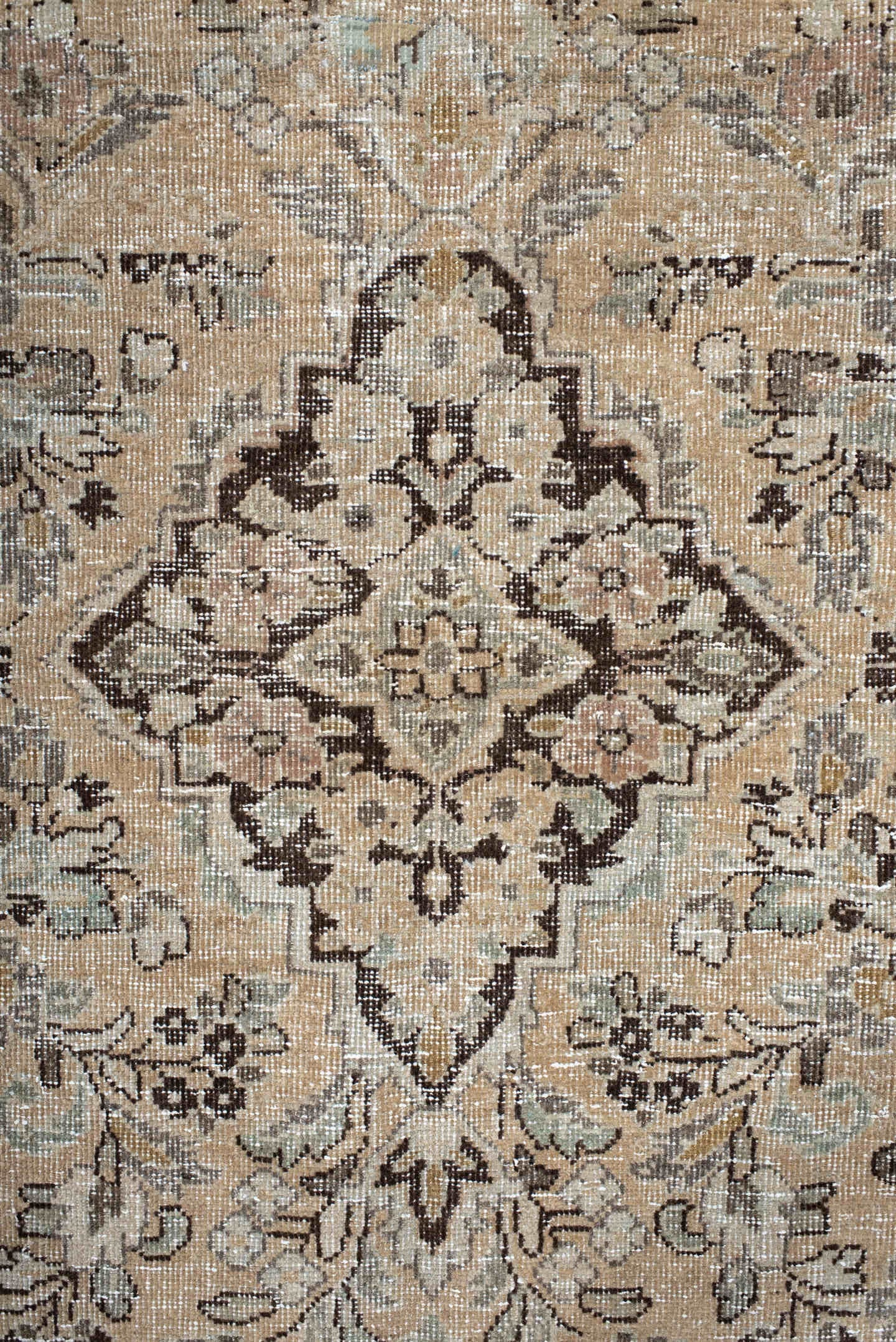 6' x 10' one-of-a-kind handmade antique Mahal large size rug. Color palette: ivory, taupe, charcoal, beige, sage, camel