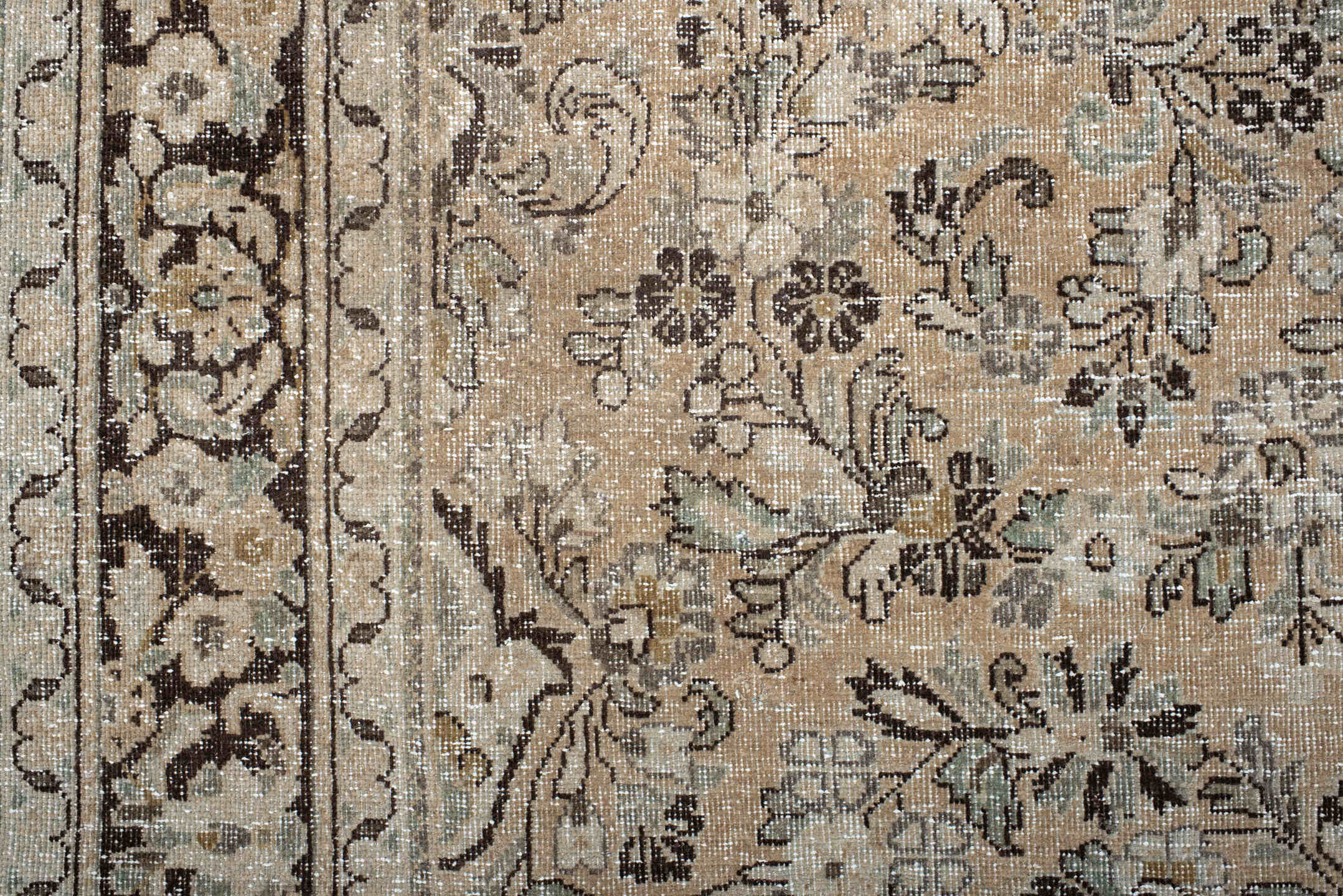6' x 10' one-of-a-kind handmade antique Mahal large size rug. Color palette: ivory, taupe, charcoal, beige, sage, camel