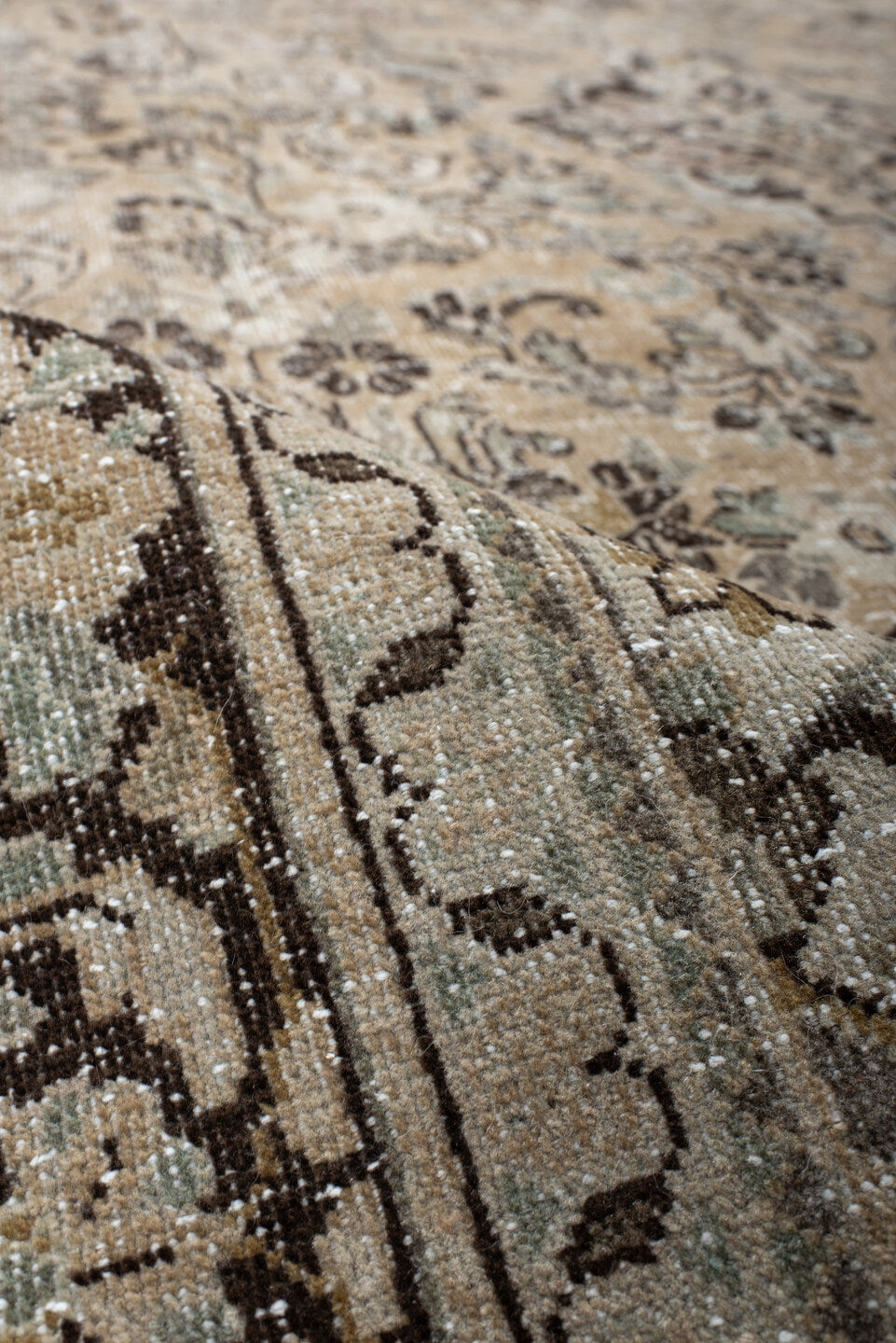 6' x 10' one-of-a-kind handmade antique Mahal large size rug. Color palette: ivory, taupe, charcoal, beige, sage, camel