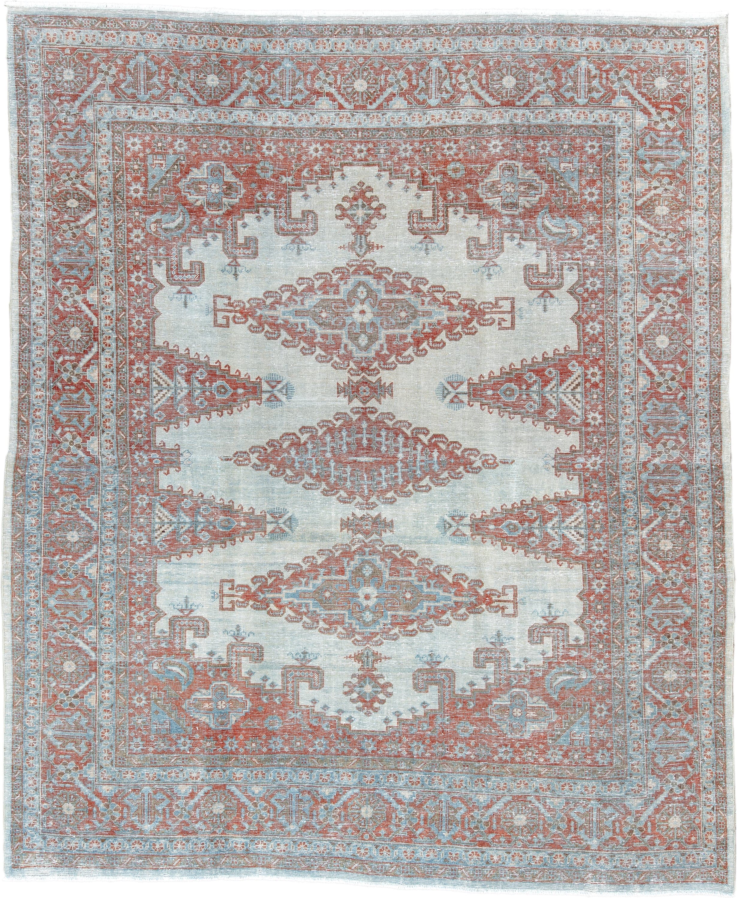 7' x 8' one-of-a-kind handmade antique Veece rug. Color palette: pale blue, rust, ivory, terracotta, sky blue, light blue