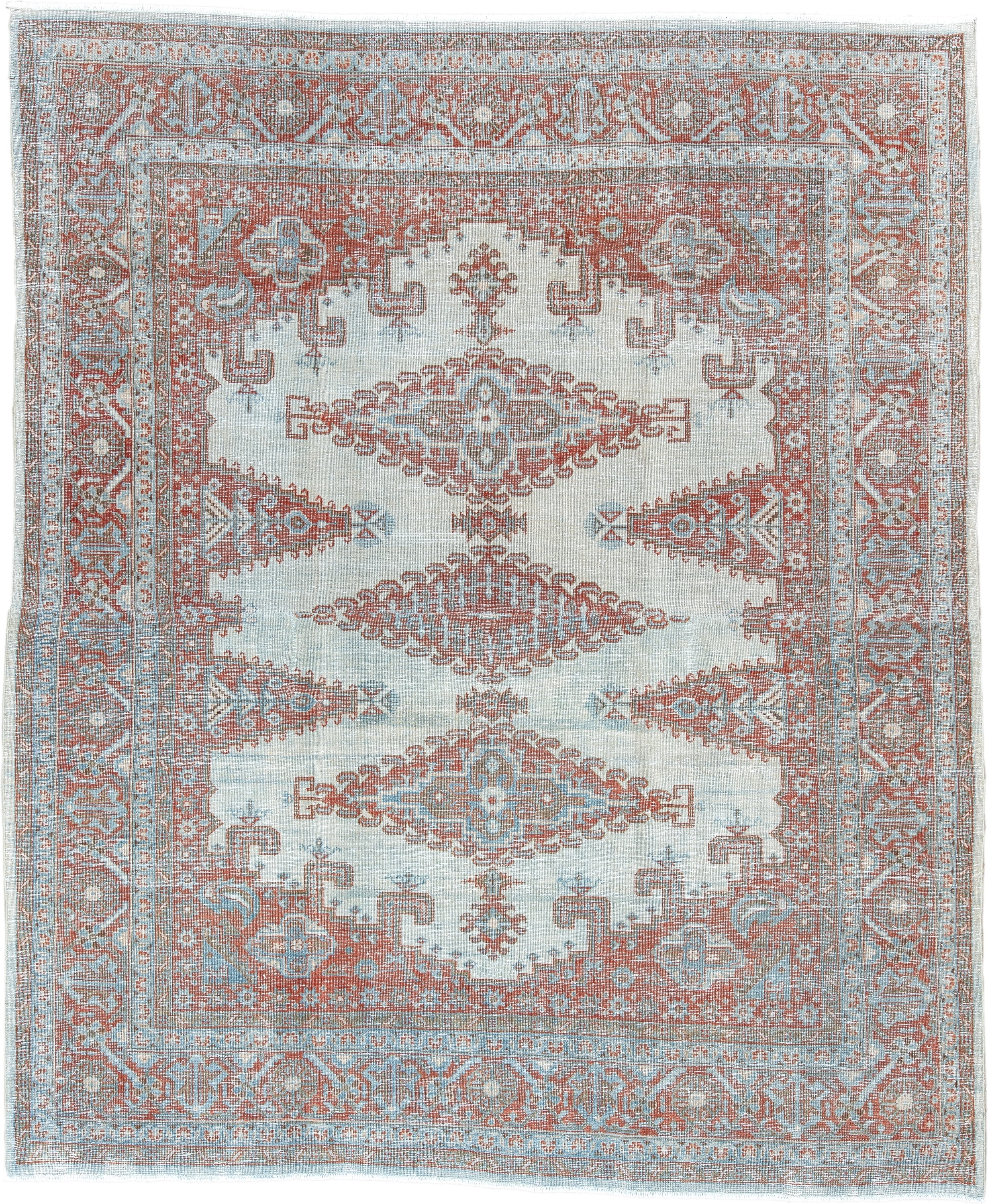 7' x 8' one-of-a-kind handmade antique Veece rug. Color palette: pale blue, rust, ivory, terracotta, sky blue, light blue