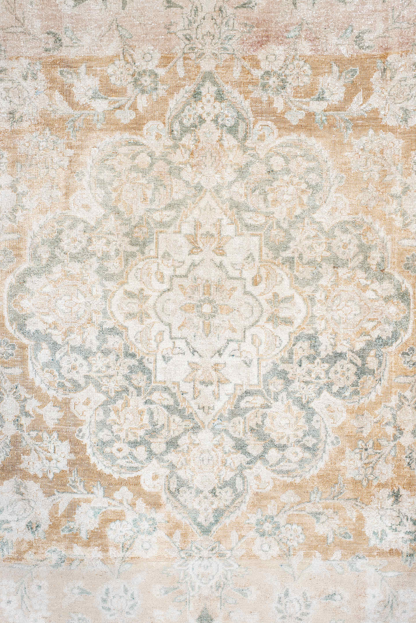 6' x 10' one-of-a-kind handmade vintage Kashan large size rug. Color palette: ivory, blush, pale blue, cream, taupe, sage