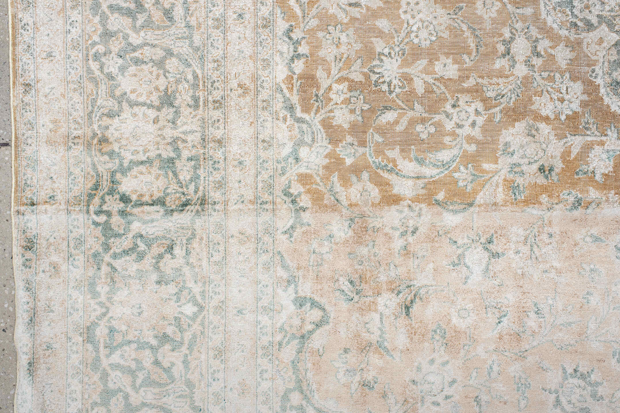 6' x 10' one-of-a-kind handmade vintage Kashan large size rug. Color palette: ivory, blush, pale blue, cream, taupe, sage