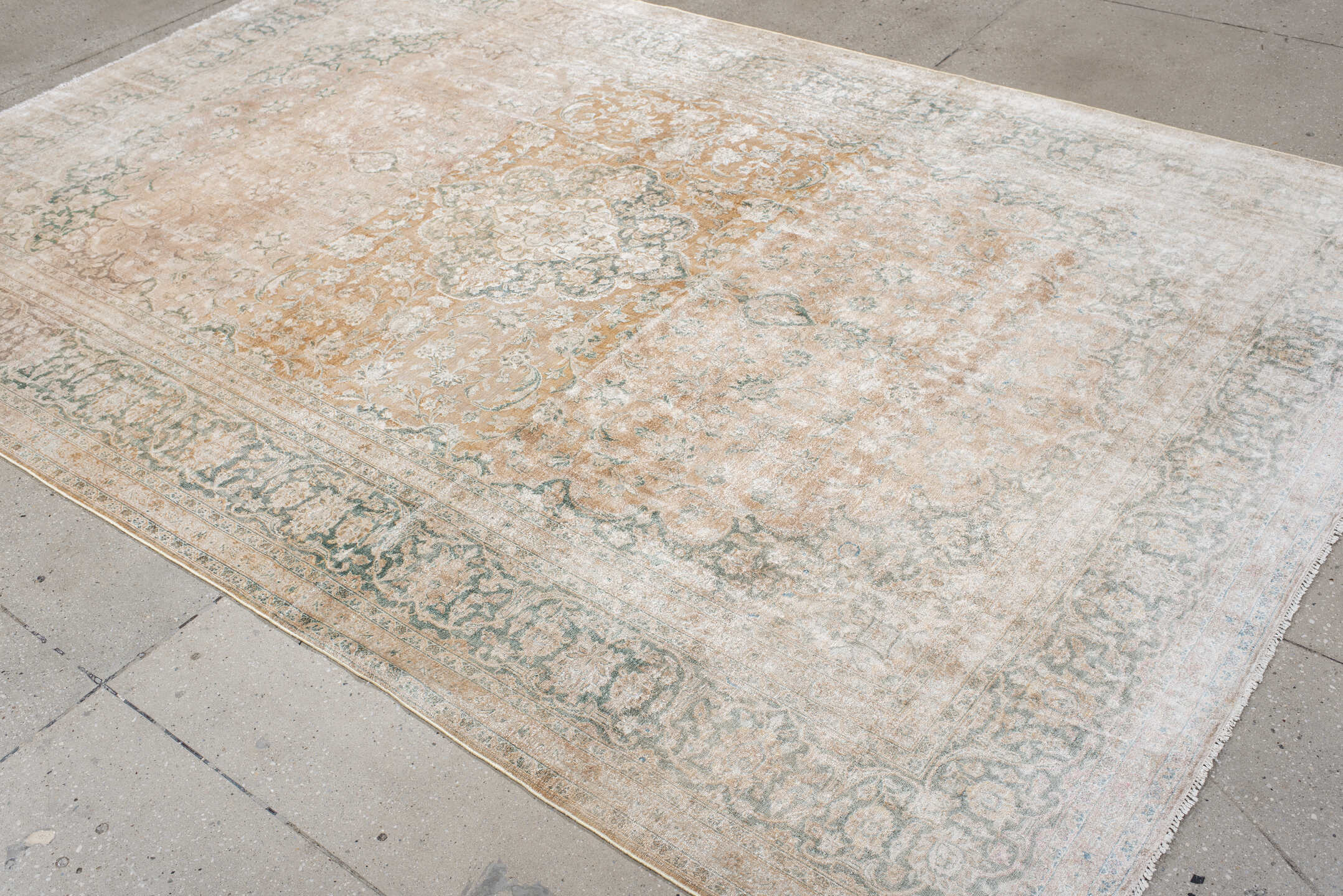 6' x 10' one-of-a-kind handmade vintage Kashan large size rug. Color palette: ivory, blush, pale blue, cream, taupe, sage