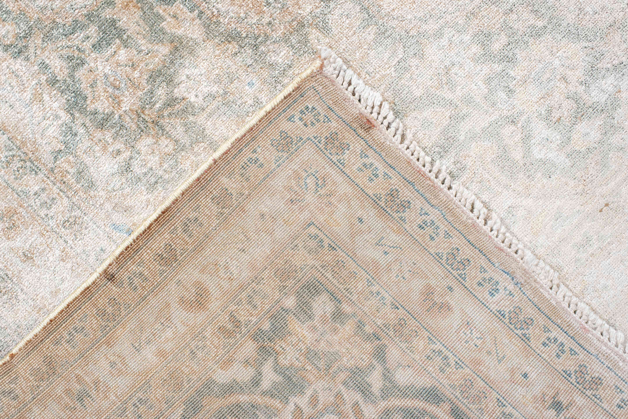 6' x 10' one-of-a-kind handmade vintage Kashan large size rug. Color palette: ivory, blush, pale blue, cream, taupe, sage
