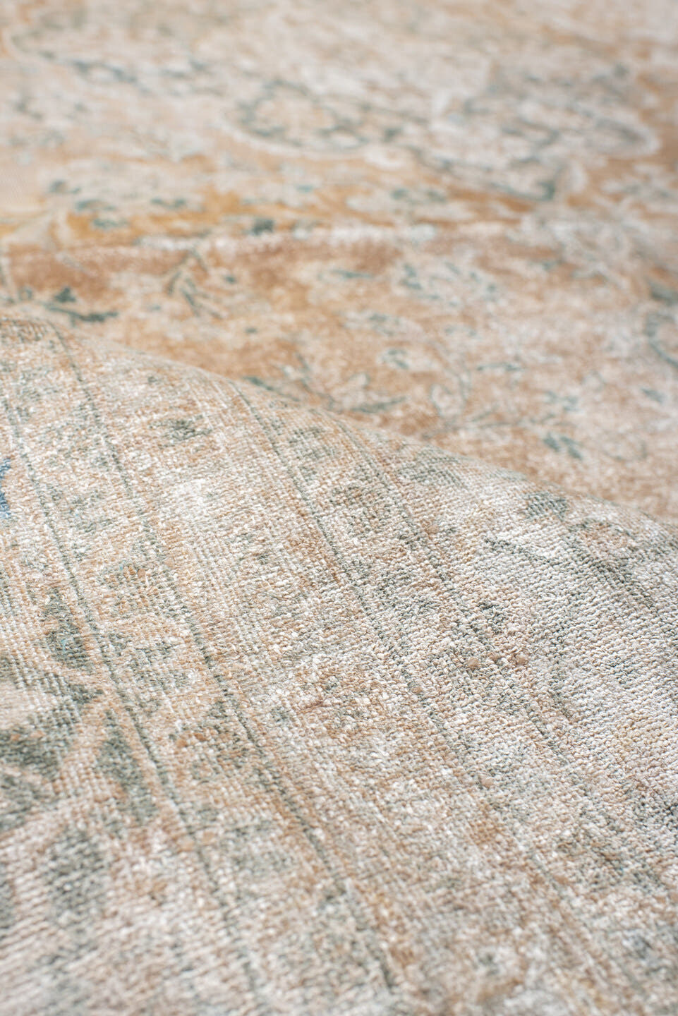 6' x 10' one-of-a-kind handmade vintage Kashan large size rug. Color palette: ivory, blush, pale blue, cream, taupe, sage