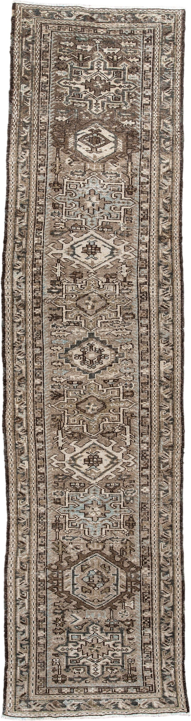 3' x 9' one-of-a-kind handmade antique Karaje runner rug. Color palette: taupe, brown, ivory, camel, slate, charcoal