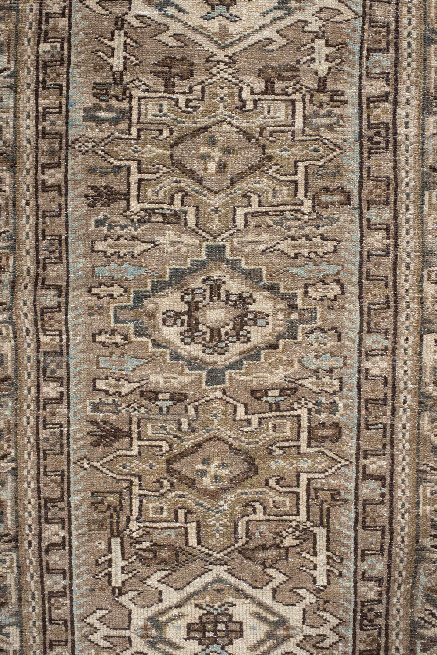 3' x 9' one-of-a-kind handmade antique Karaje runner rug. Color palette: taupe, brown, ivory, camel, slate, charcoal