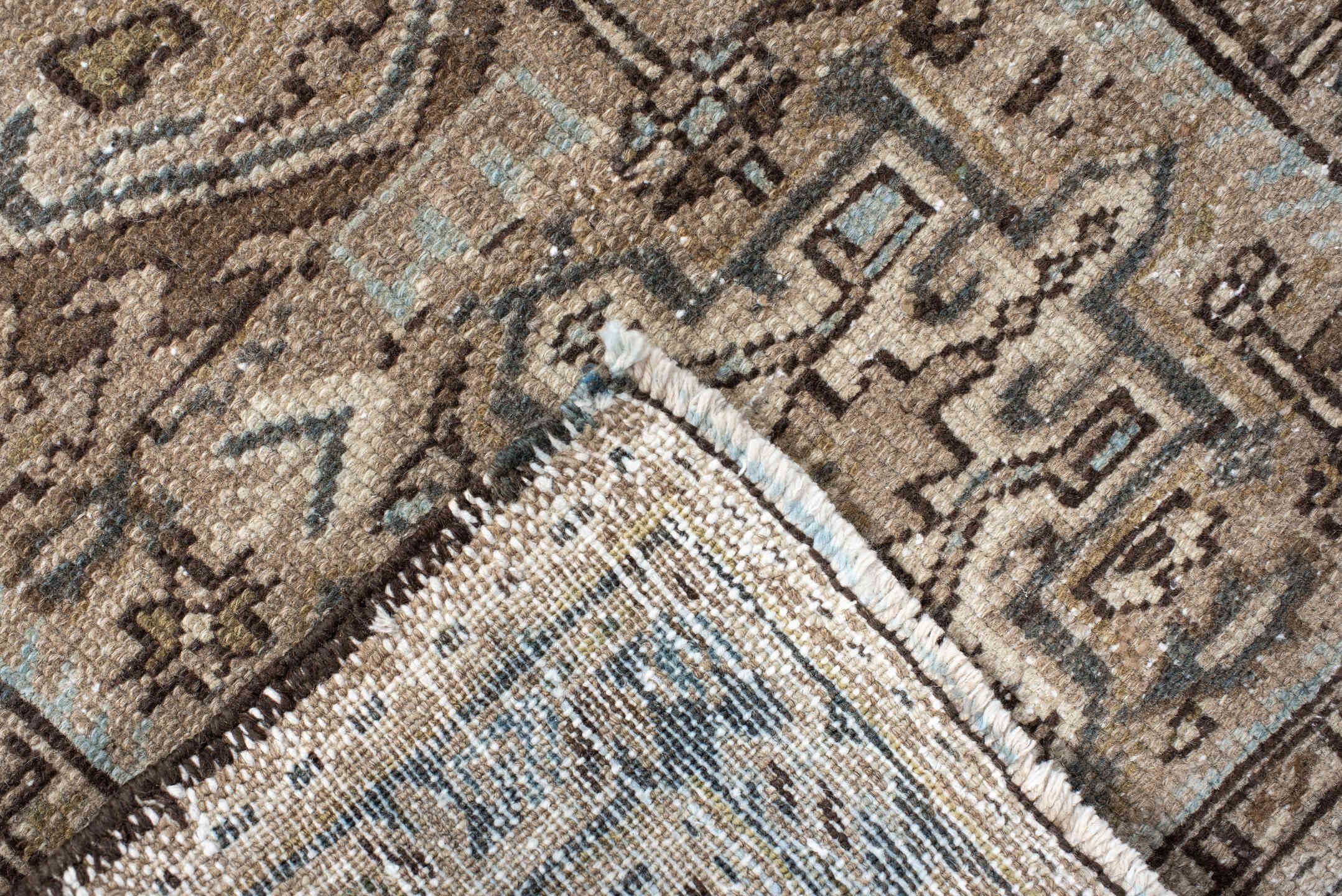 3' x 9' one-of-a-kind handmade antique Karaje runner rug. Color palette: taupe, brown, ivory, camel, slate, charcoal