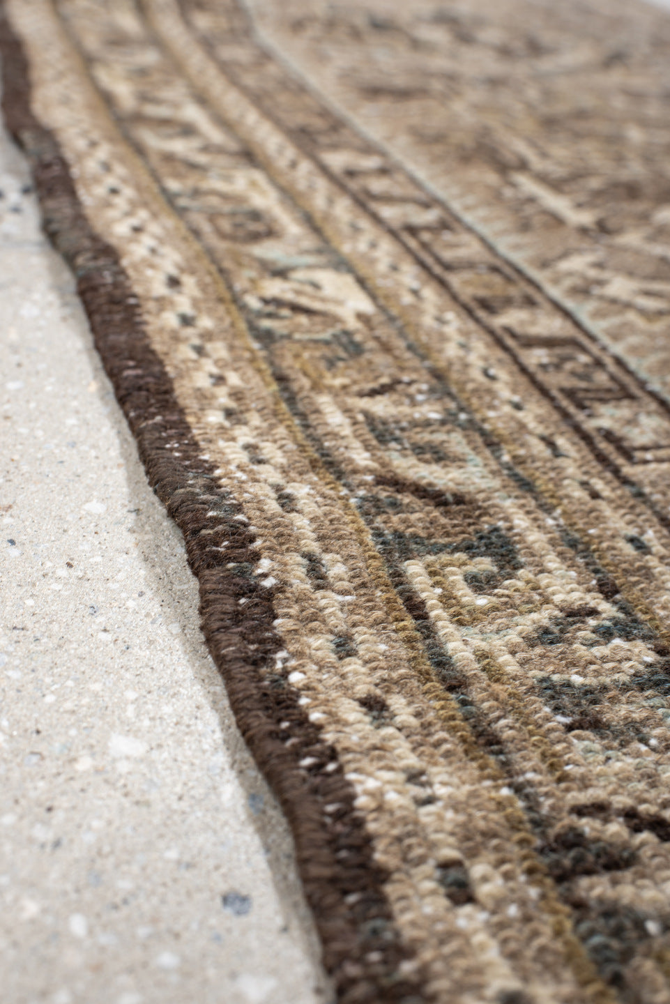 3' x 9' one-of-a-kind handmade antique Karaje runner rug. Color palette: taupe, brown, ivory, camel, slate, charcoal