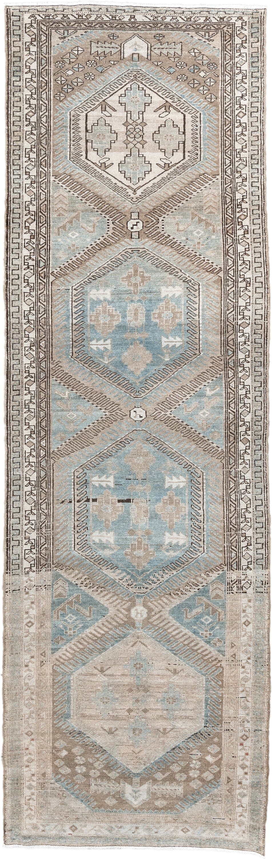 3' x 10' one-of-a-kind handmade antique Malayer runner rug. Color palette: ivory, sky blue, taupe, brown, beige, light blue