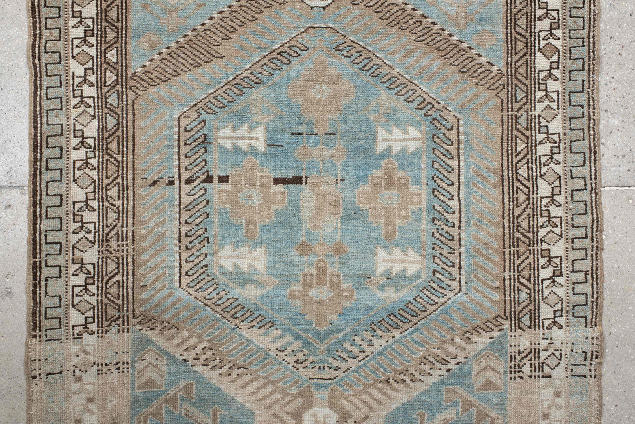 3' x 10' one-of-a-kind handmade antique Malayer runner rug. Color palette: ivory, sky blue, taupe, brown, beige, light blue