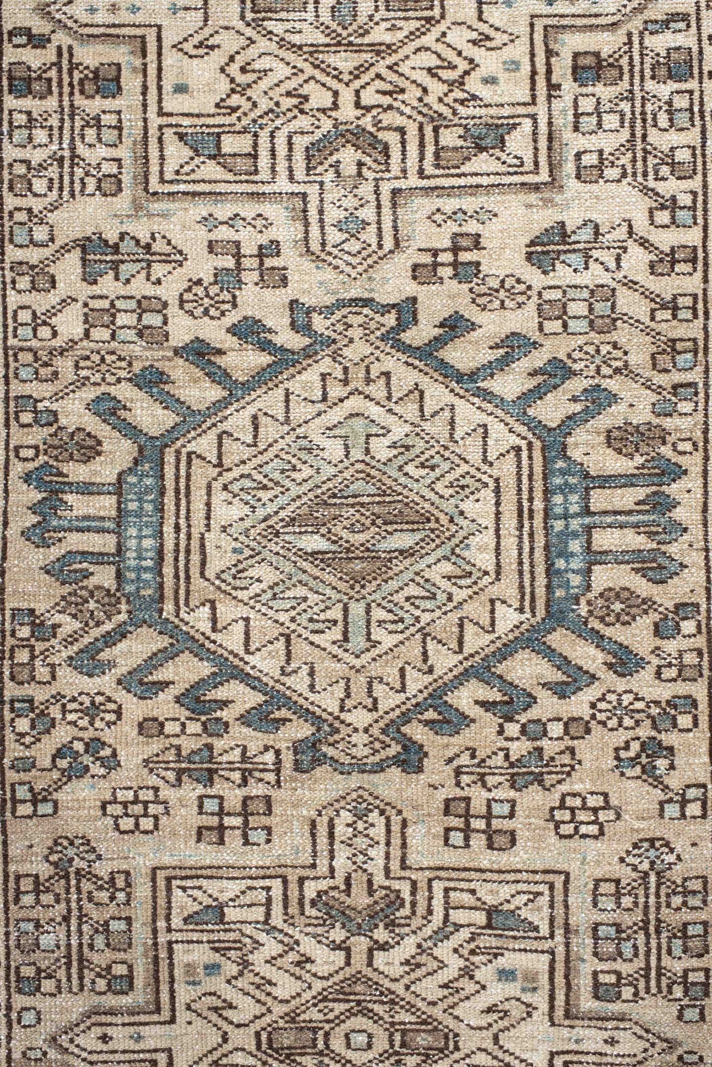 2' x 11' one-of-a-kind handmade antique Karaje runner rug. Color palette: ivory, sky blue, brown, taupe, camel, light blue