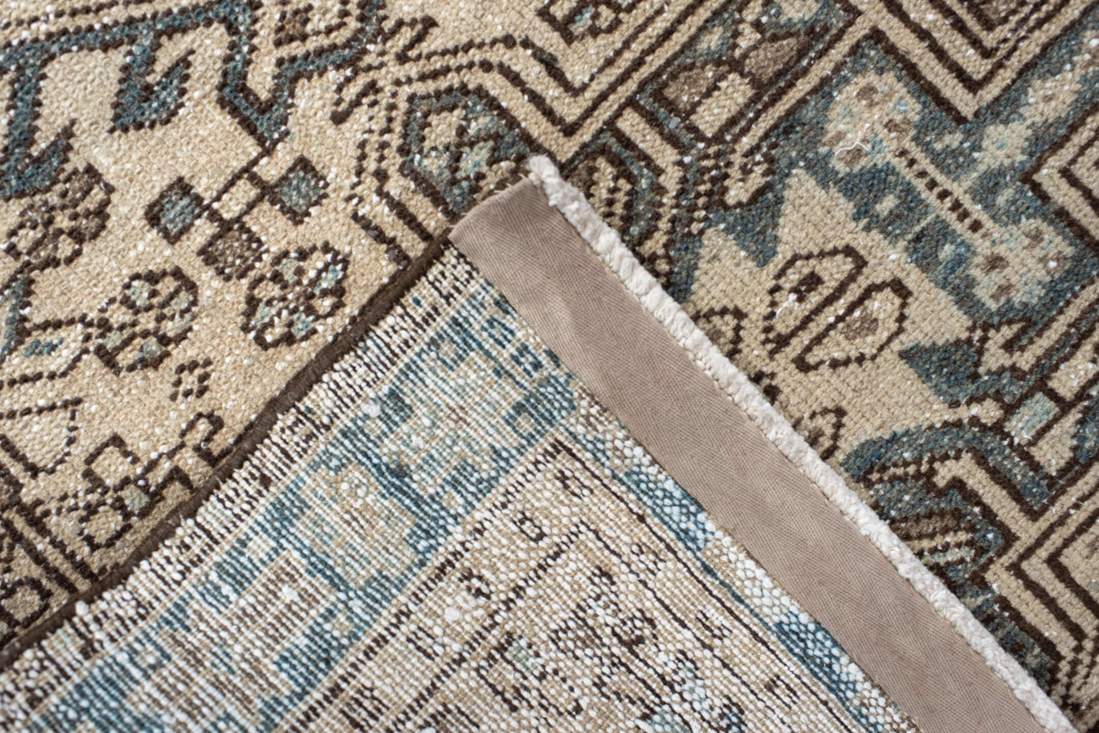 2' x 11' one-of-a-kind handmade antique Karaje runner rug. Color palette: ivory, sky blue, brown, taupe, camel, light blue