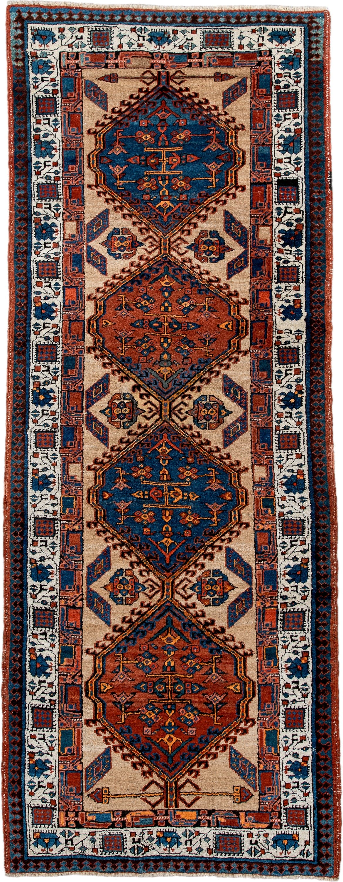 3' x 8' one-of-a-kind handmade antique Sarab runner rug. Color palette: ivory, indigo, rust, navy, terra cotta, camel