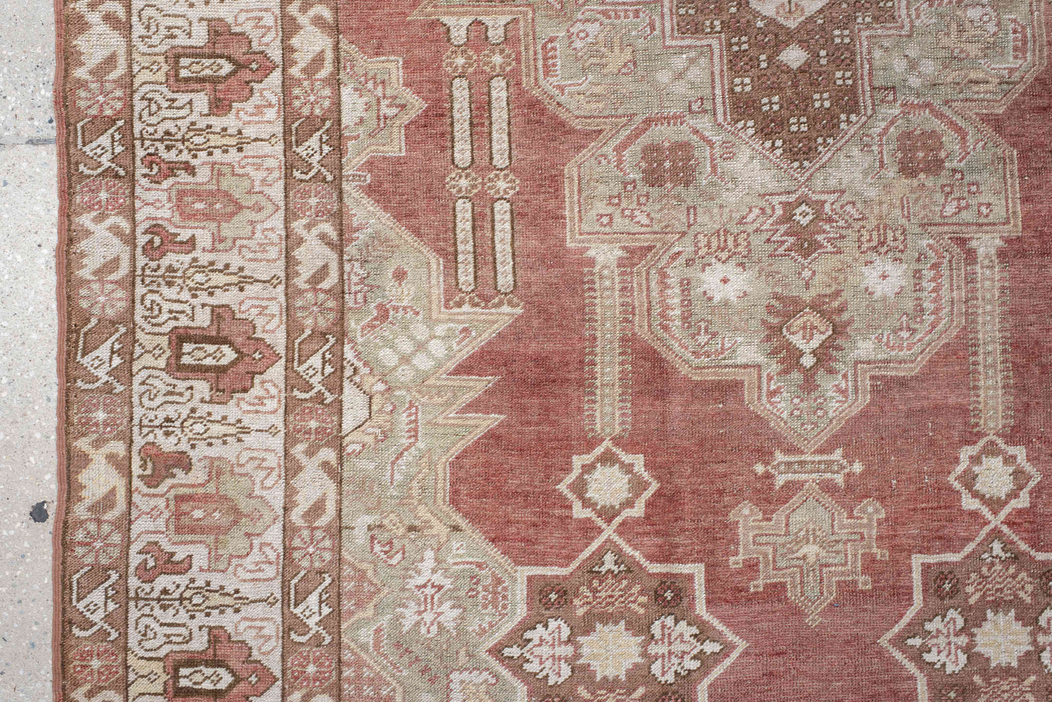 4' x 8' one-of-a-kind handmade vintage Anatolian rug. Color palette: terra cotta, ivory, sage, rust, taupe, rose, brown