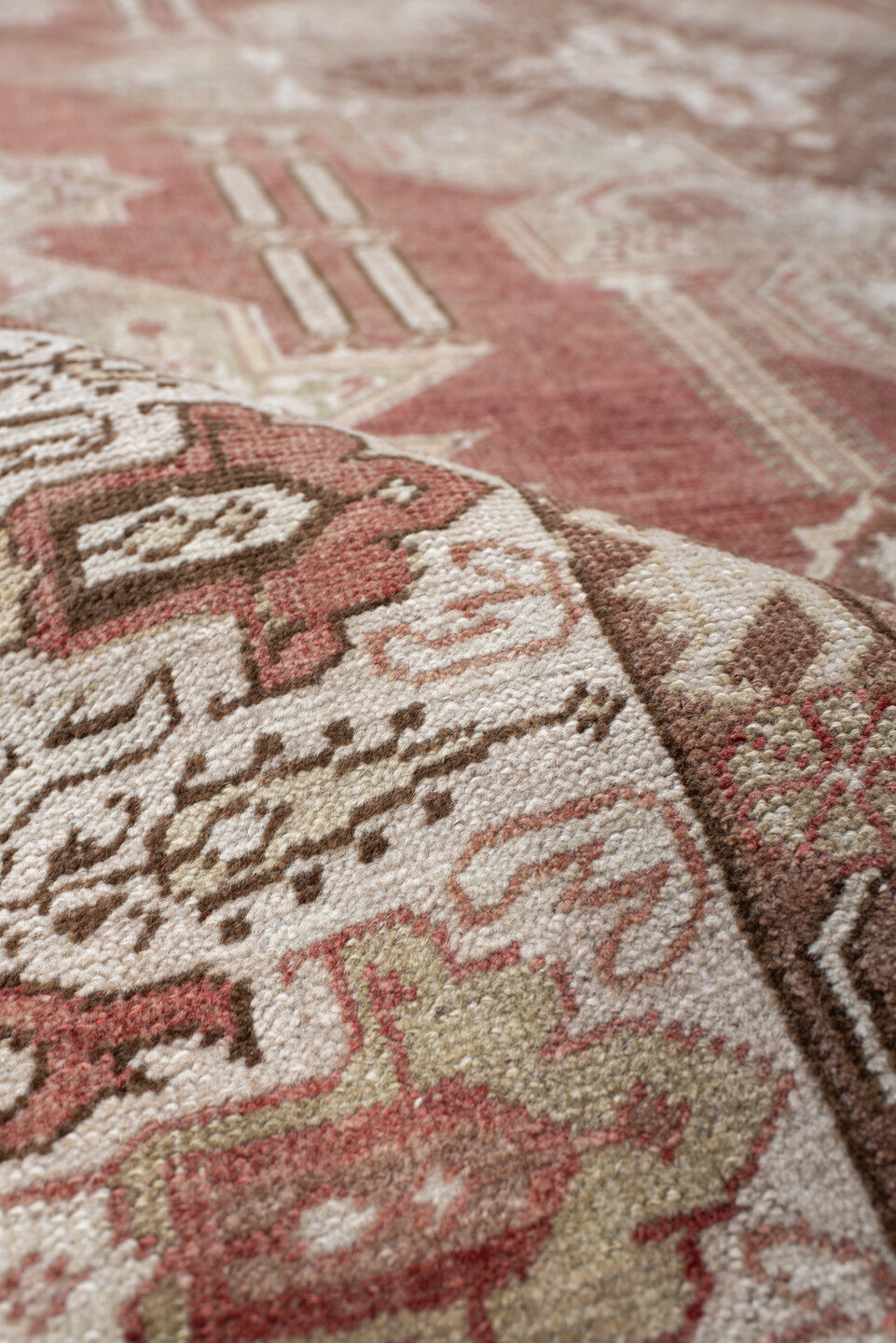 4' x 8' one-of-a-kind handmade vintage Anatolian rug. Color palette: terra cotta, ivory, sage, rust, taupe, rose, brown