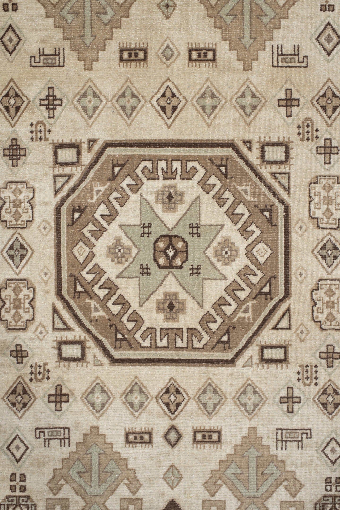 5' x 9' one-of-a-kind handmade vintage Ardebil medium size rug. Color palette: ivory, taupe, brown, camel, charcoal, greige