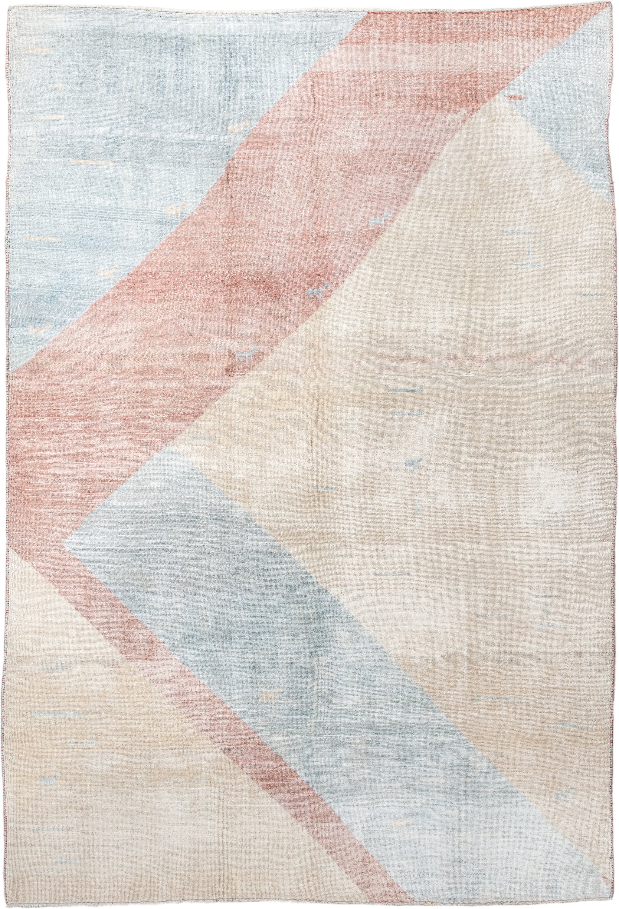 6' x 9' one-of-a-kind handmade vintage Gabbe medium size rug. Color palette: ivory, pale blue, blush, cream, light blue