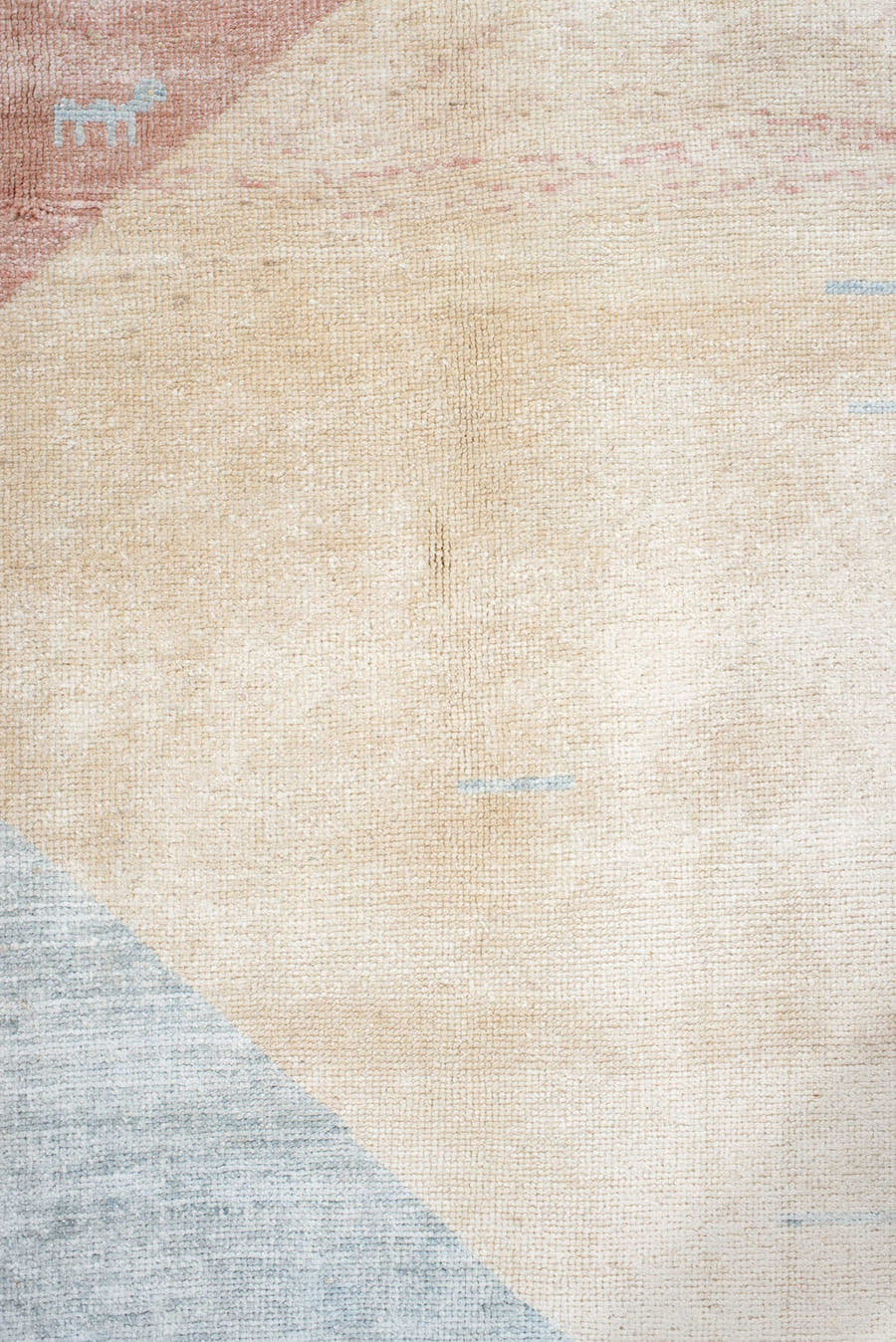 6' x 9' one-of-a-kind handmade vintage Gabbe medium size rug. Color palette: ivory, pale blue, blush, cream, light blue